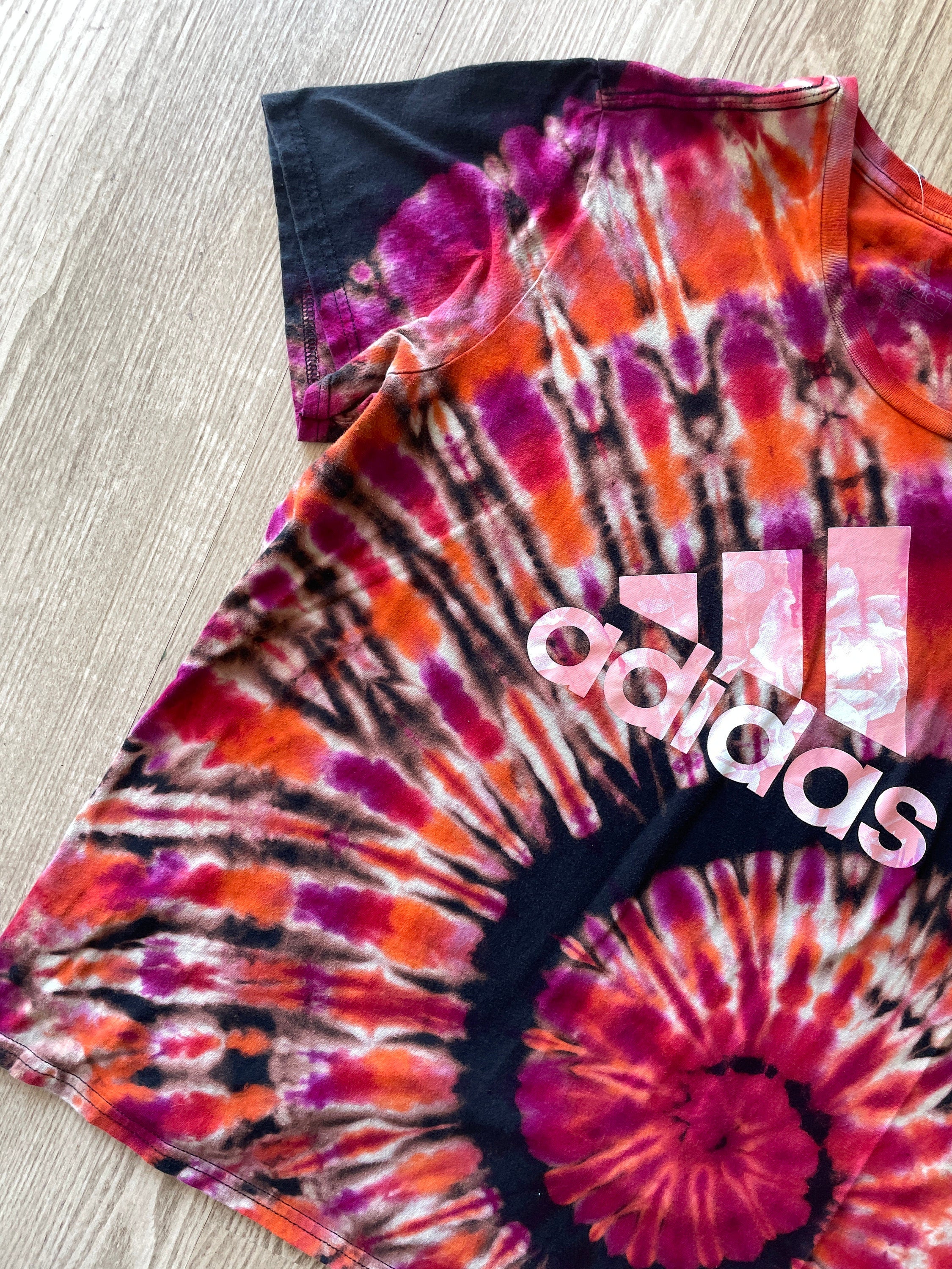 2XL Women's adidas Roses Handmade Reverse Tie Dye Short Sleeve T-Shirt | One-Of-a-Kind Upcycled Black and Pink Spiral Top