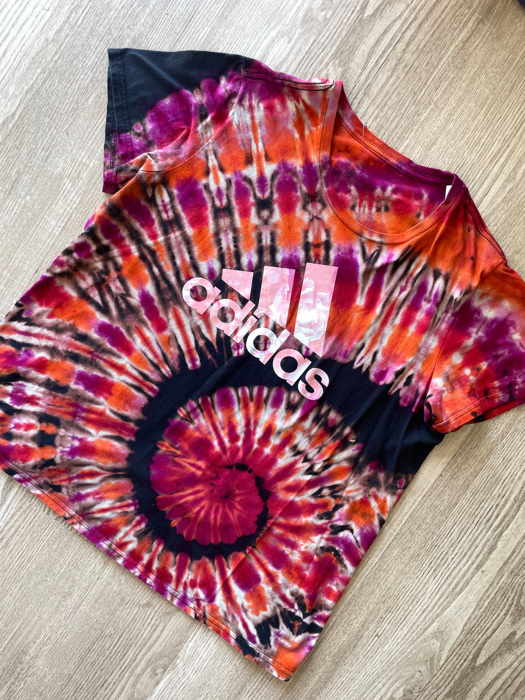 2XL Women's adidas Roses Handmade Reverse Tie Dye Short Sleeve T-Shirt | One-Of-a-Kind Upcycled Black and Pink Spiral Top