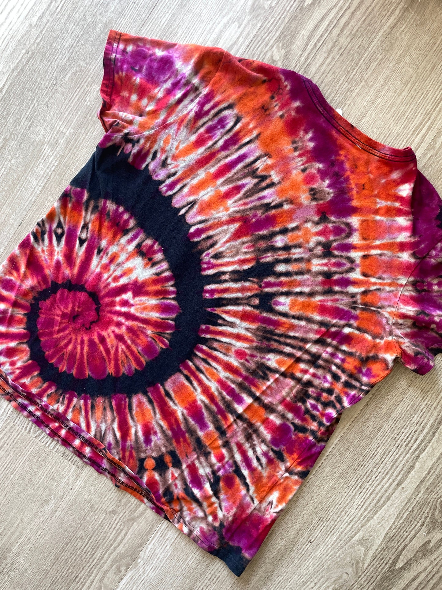 2XL Women's adidas Roses Handmade Reverse Tie Dye Short Sleeve T-Shirt | One-Of-a-Kind Upcycled Black and Pink Spiral Top