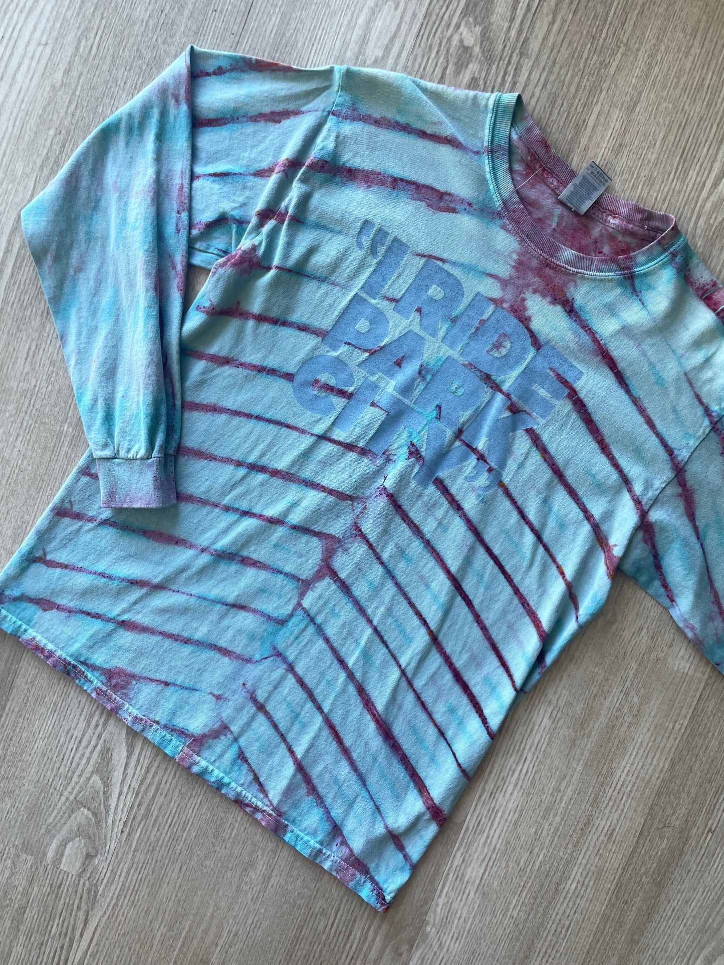MEDIUM Men's "I Ride Park City" Handmade Tie Dye Long Sleeve Sleeve T-Shirt | One-Of-a-Kind Upcycled Pastel Pink and Blue Pleated Ski Top