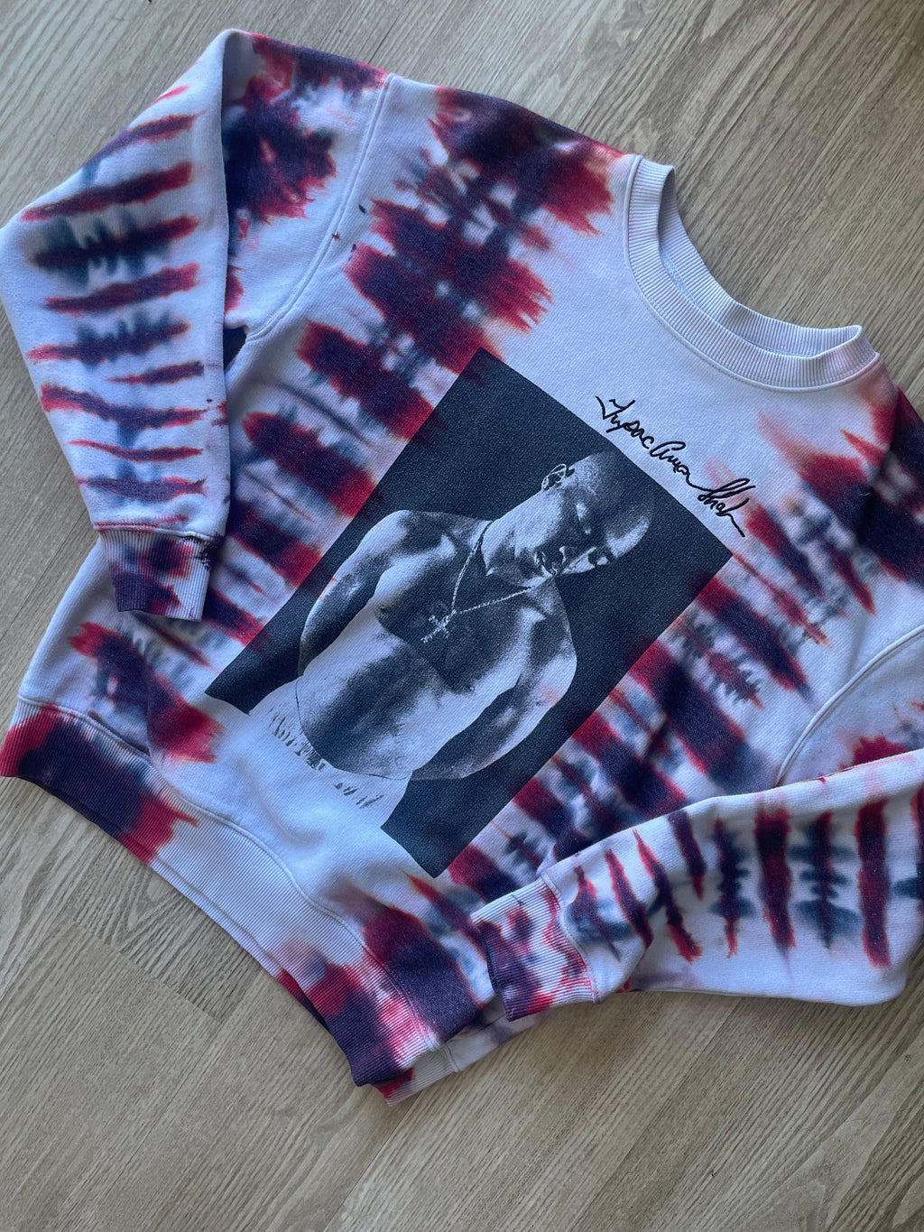 SMALL Women's 2Pac Tupac Shakur Handmade Tie Dye Long Sleeve Sweatshirt | One-Of-a-Kind Upcycled White, Black, and Red Crewneck