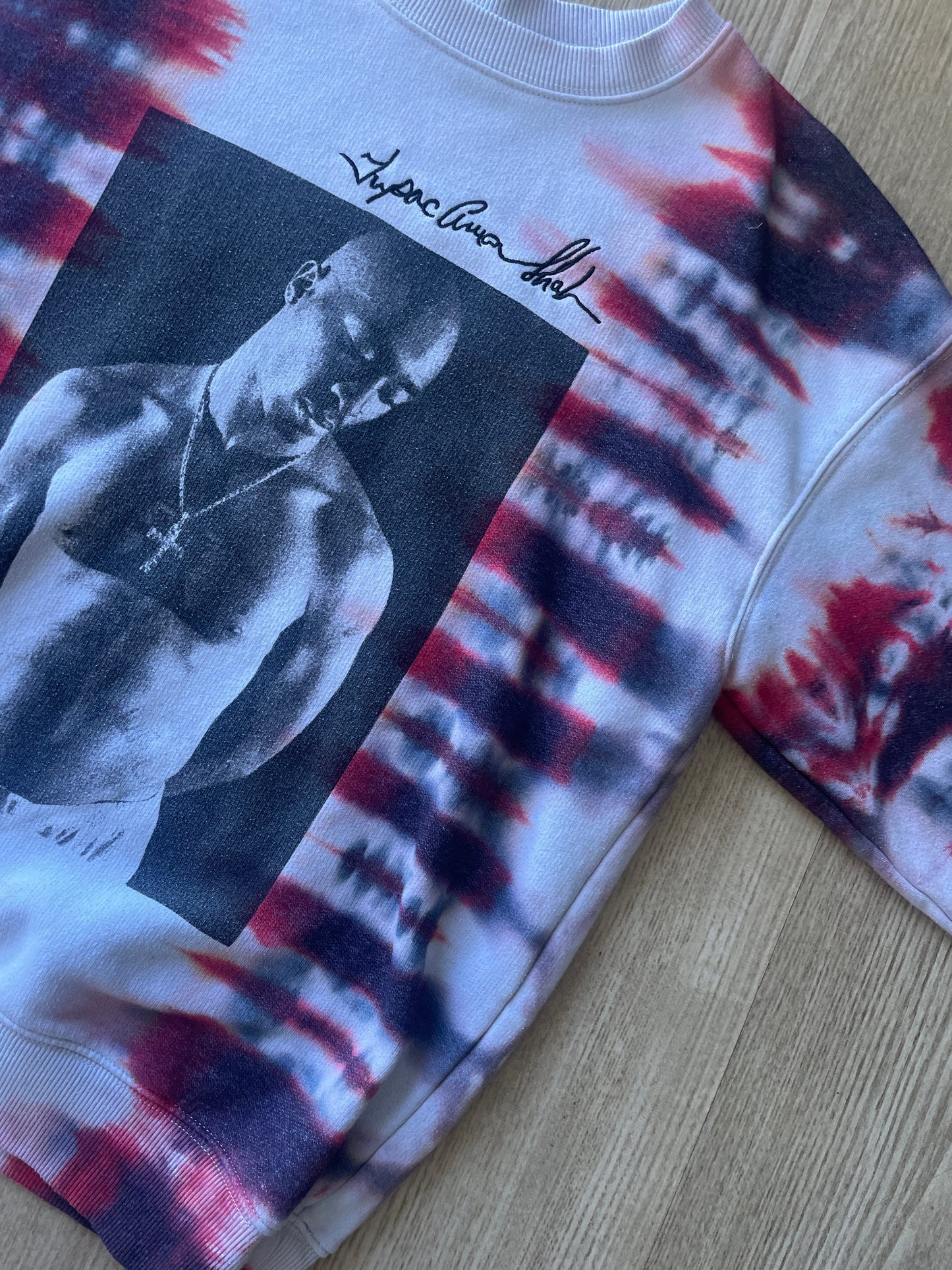SMALL Women's 2Pac Tupac Shakur Handmade Tie Dye Long Sleeve Sweatshirt | One-Of-a-Kind Upcycled White, Black, and Red Crewneck