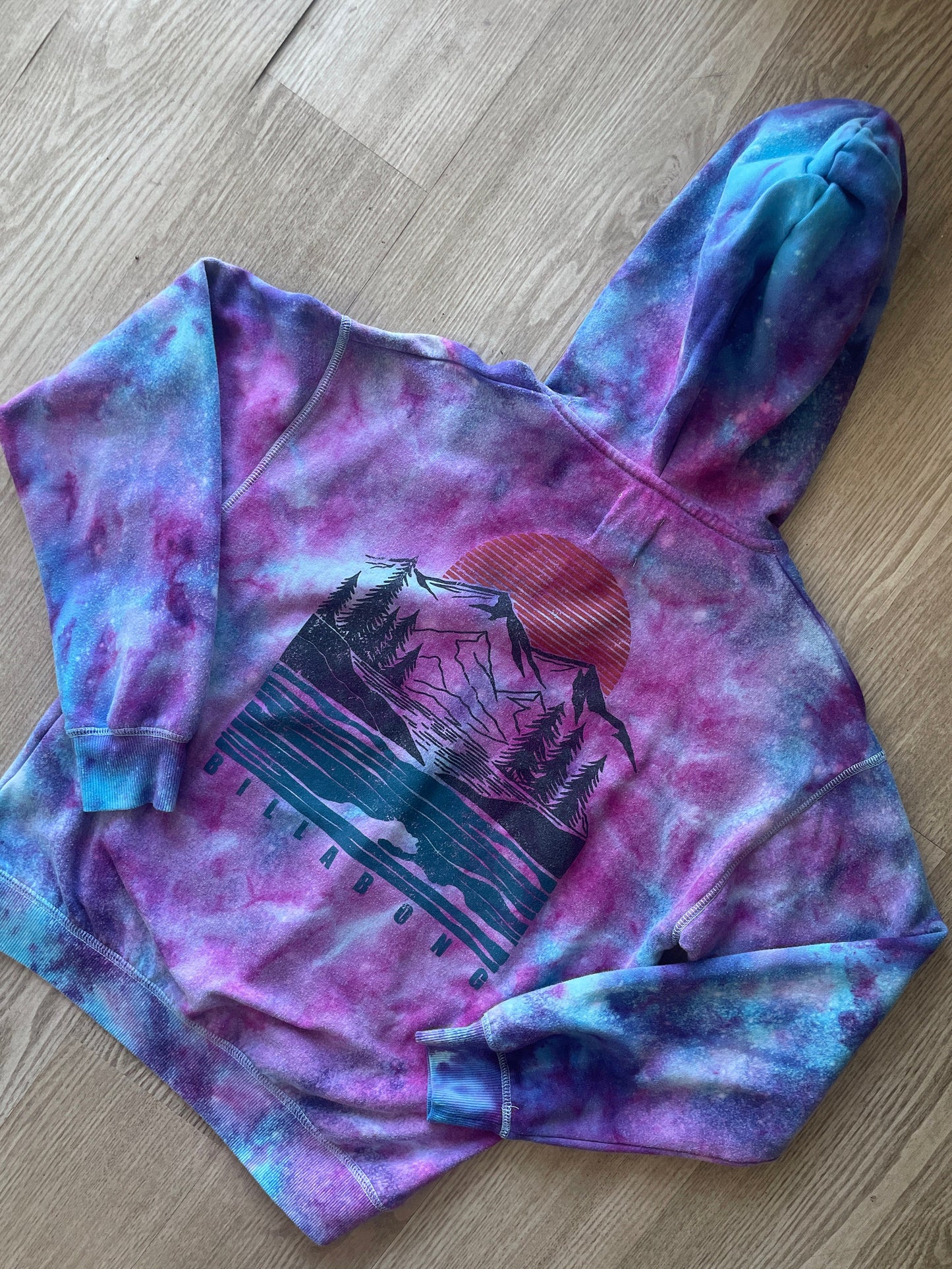 SMALL Men's Billabong Mountainscape Handmade Galaxy Ice Dye Tie Dye Long Sleeve Hoodie | One-Of-a-Kind Upcycled Blue and Purple Sweatshirt