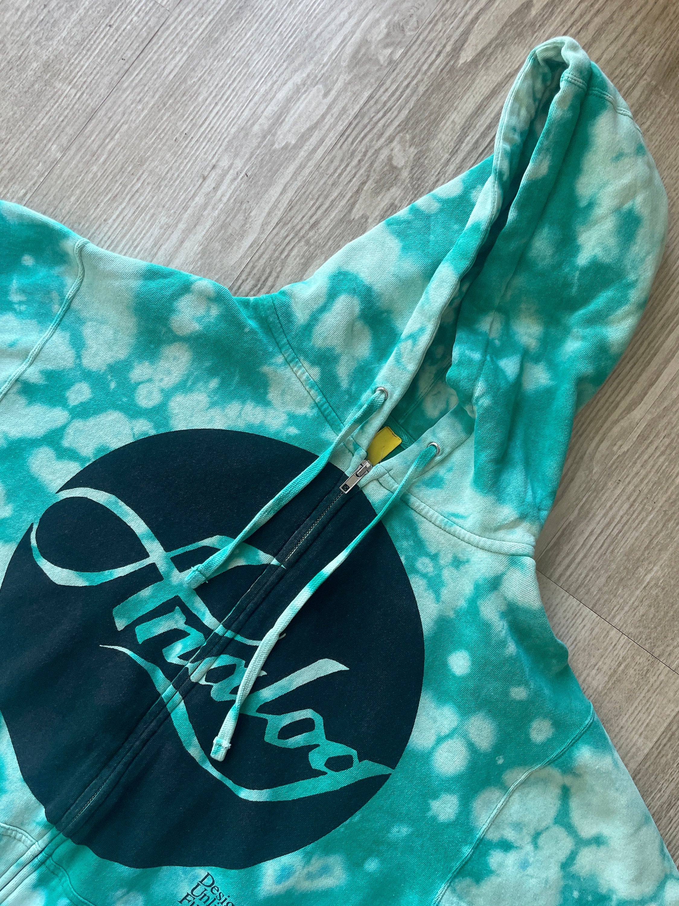 MEDIUM Men's Burton Analog Design Unlikely Futures Handmade Reverse Tie Dye Full-Zip Hoodie | One-Of-a-Kind Upcycled Green Sweatshirt