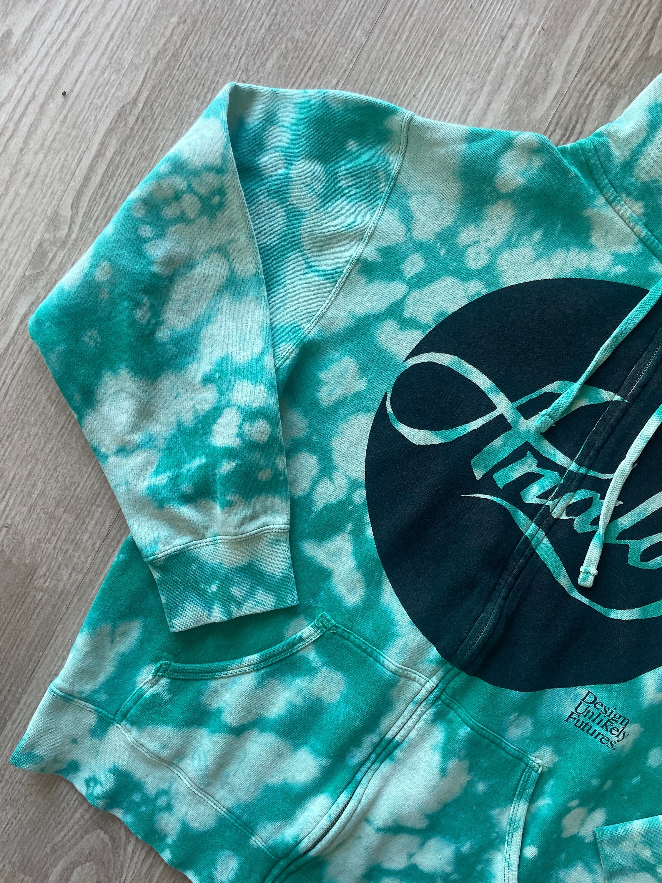 MEDIUM Men's Burton Analog Design Unlikely Futures Handmade Reverse Tie Dye Full-Zip Hoodie | One-Of-a-Kind Upcycled Green Sweatshirt