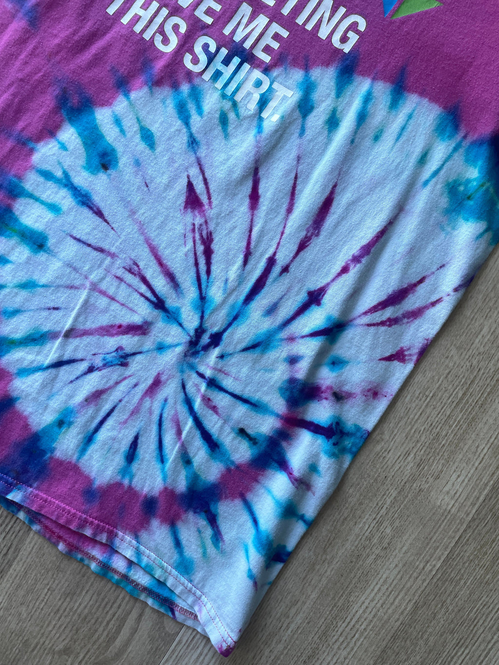 MEDIUM Women’s "Snowbird Marketing Gave Me This Shirt" Handmade Tie Dye Short Sleeve T-Shirt | One-Of-a-Kind Upcycled Pink and Blue Top