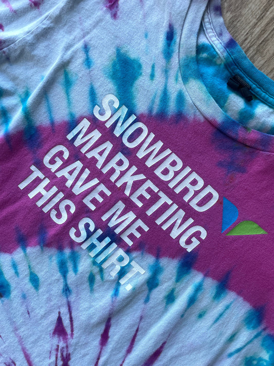 MEDIUM Women’s "Snowbird Marketing Gave Me This Shirt" Handmade Tie Dye Short Sleeve T-Shirt | One-Of-a-Kind Upcycled Pink and Blue Top
