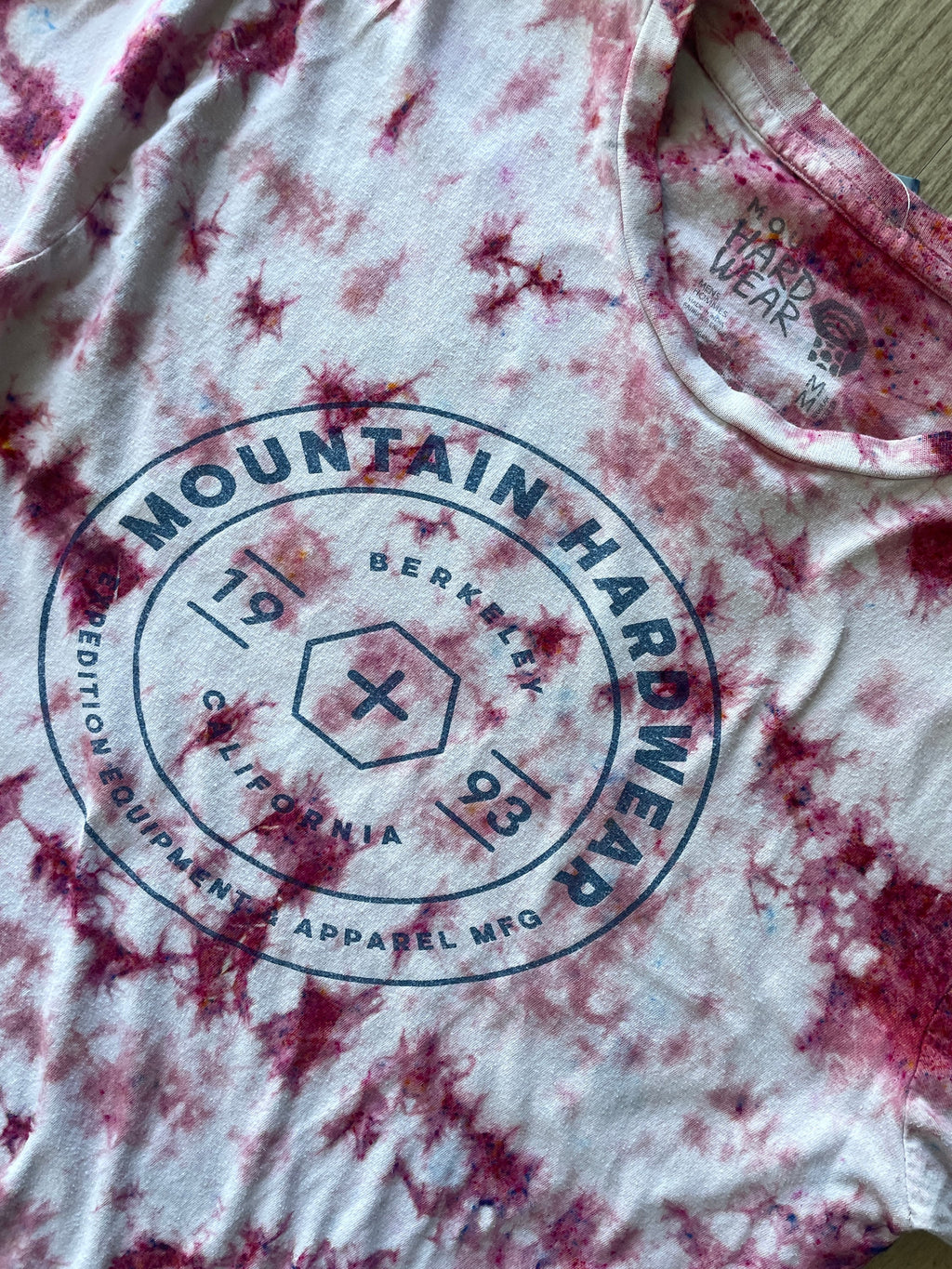 MEDIUM Men’s Mountain Hardwear Handmade Tie Dye Short Sleeve T-Shirt | One-Of-a-Kind Upcycled White and Pink "Funfetti" Crumpled Top