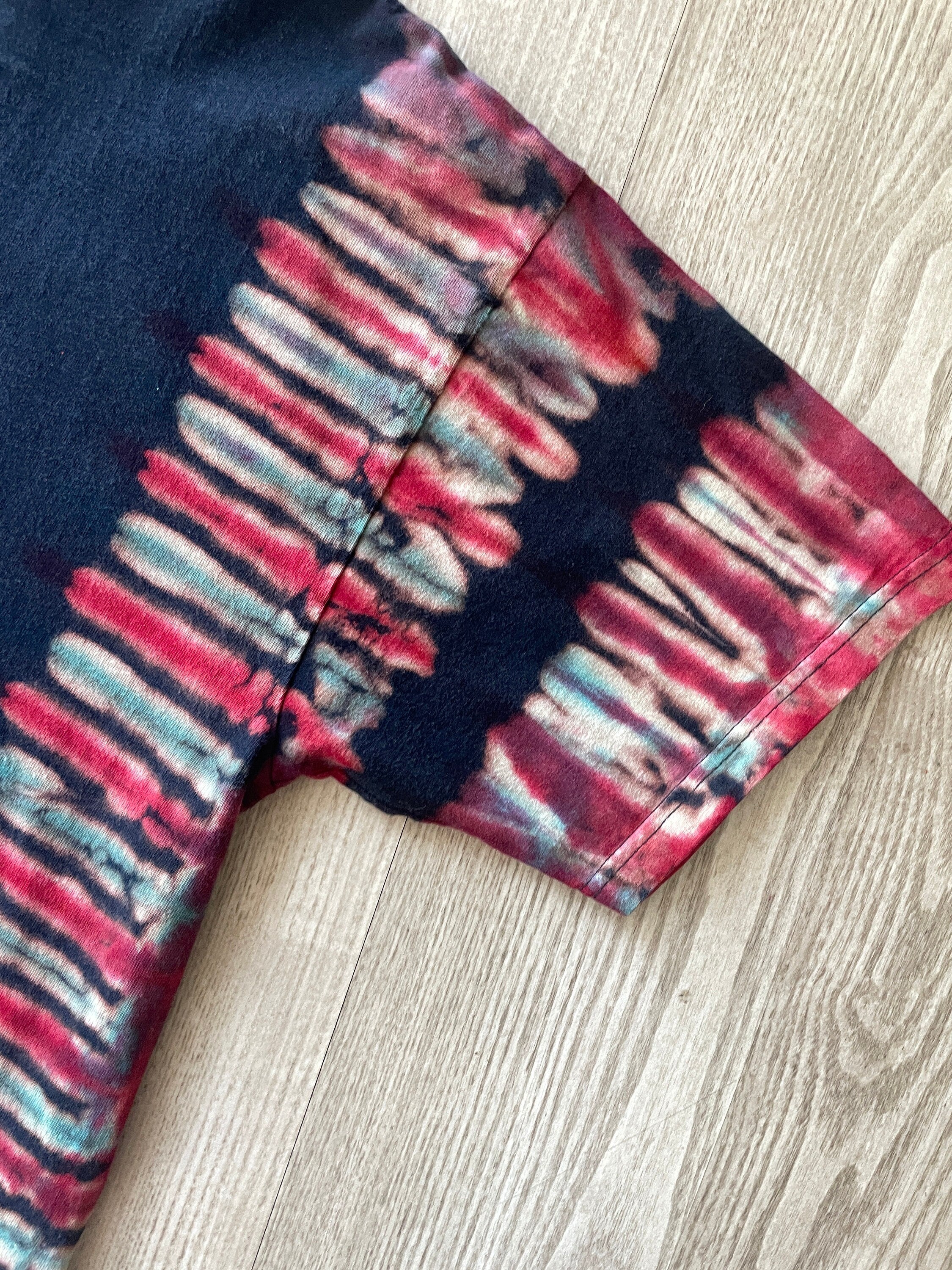 LARGE Men’s The Police 2007-08 World Tour Handmade Reverse Tie Dye Short Sleeve T-Shirt | One-Of-a-Kind Upcycled Black and Red Pleated Top