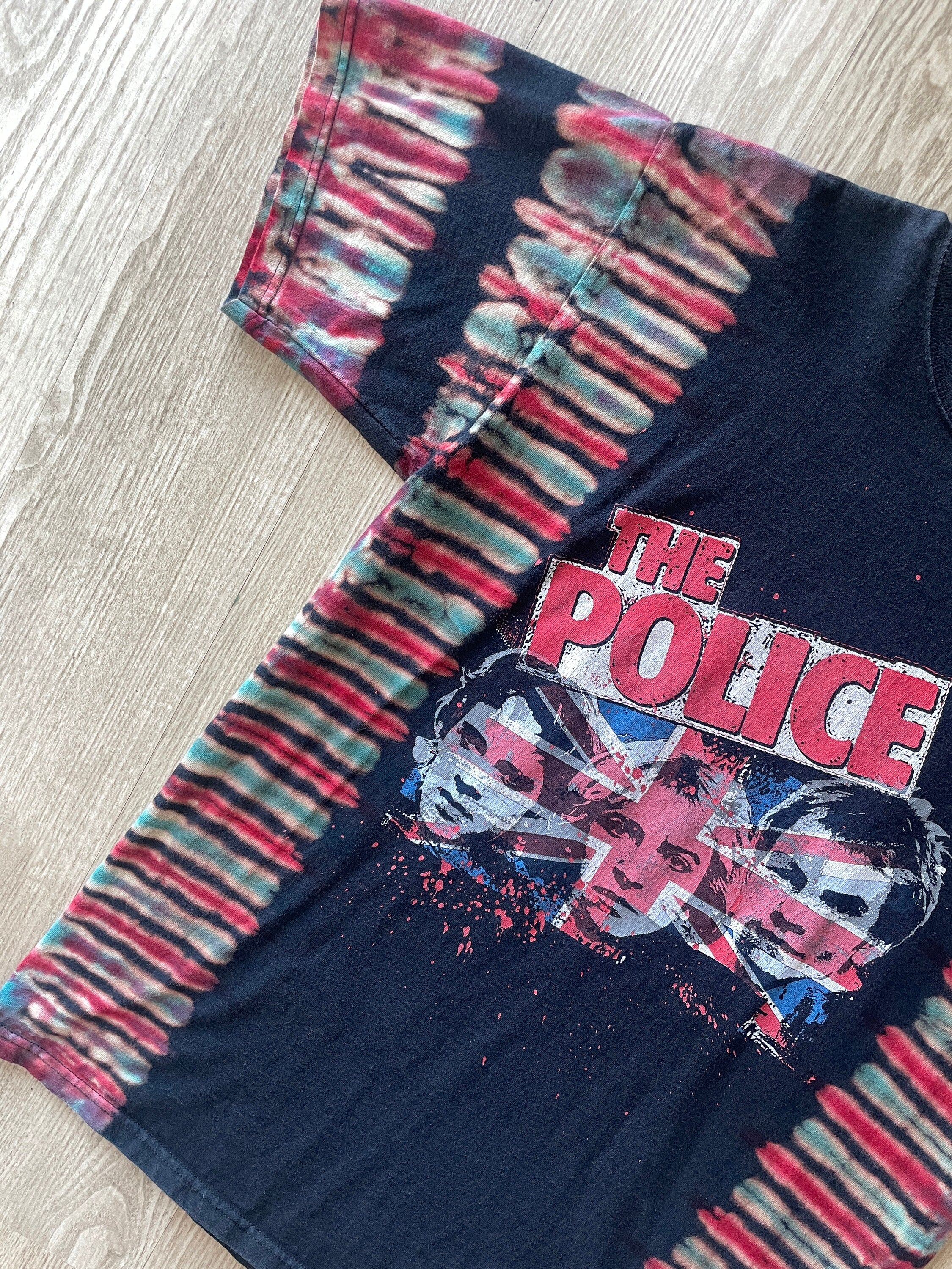 LARGE Men’s The Police 2007-08 World Tour Handmade Reverse Tie Dye Short Sleeve T-Shirt | One-Of-a-Kind Upcycled Black and Red Pleated Top