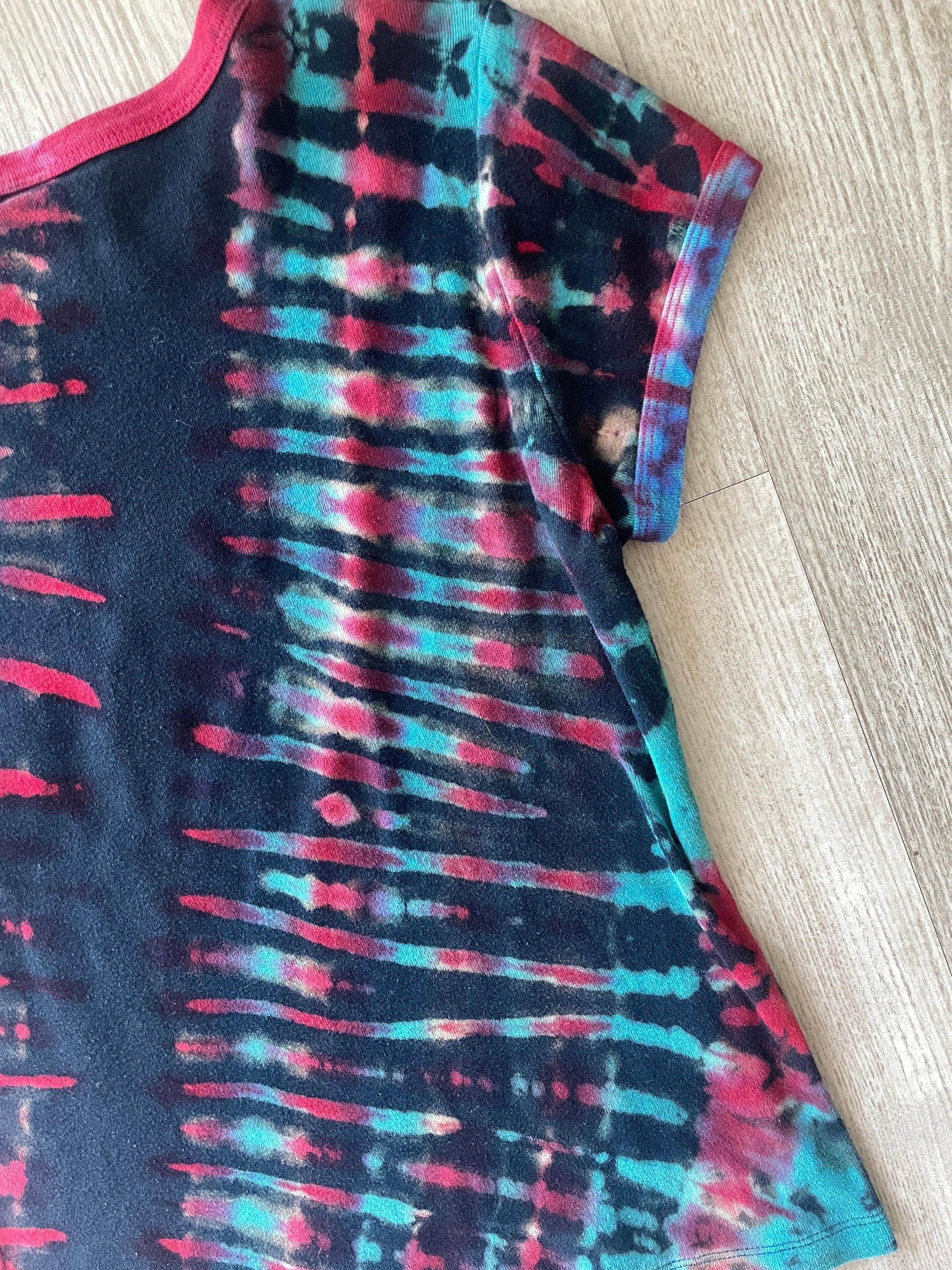 LARGE Women's Chris LeDoux Keep Calm and LeDoux On Handmade Tie Dye Short Sleeve TShirt | One-Of-a-Kind Upcycled Red, Black, and Blue Top