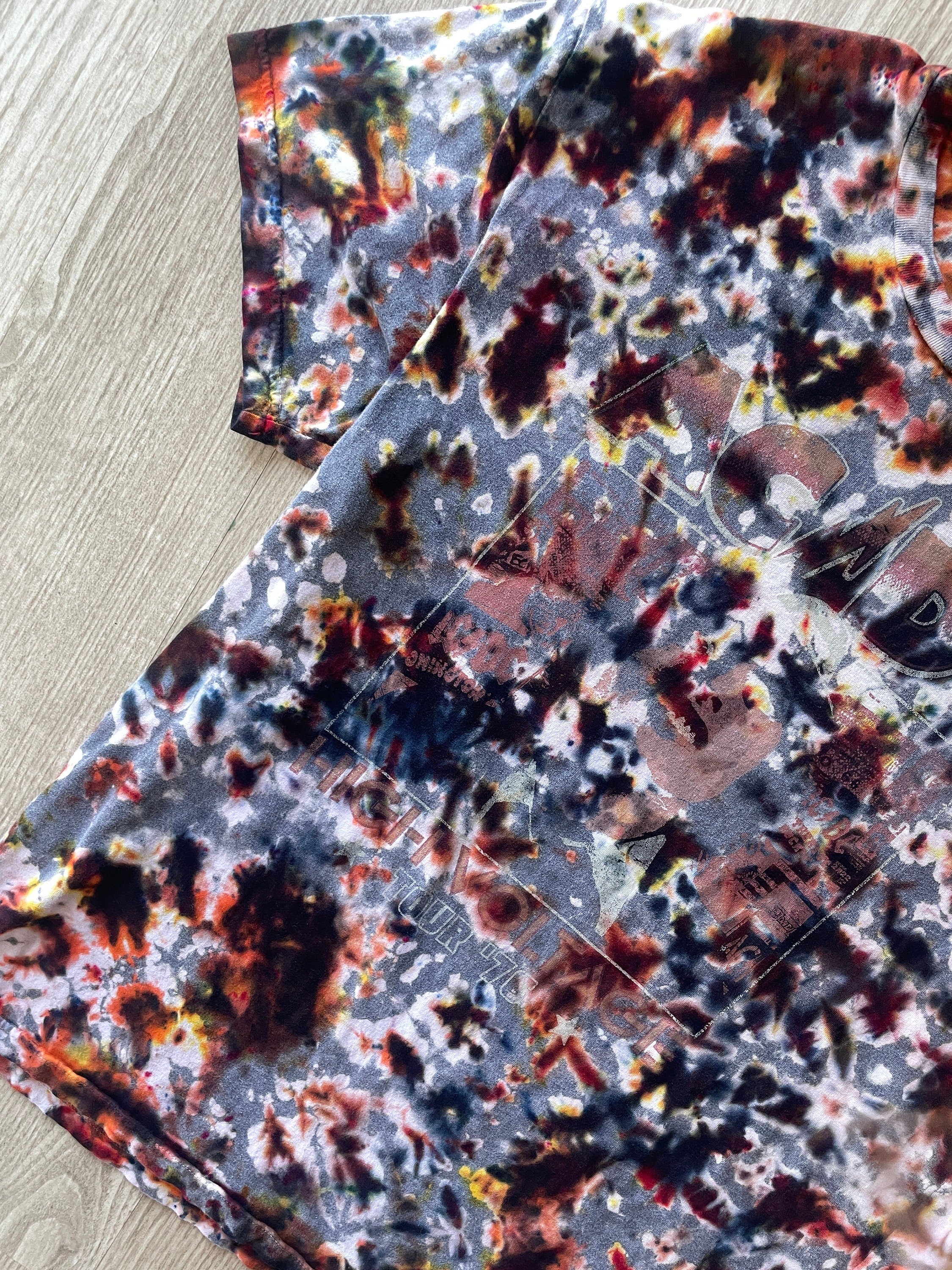 LARGE Men’s AC/DC Reverse Tie Dye Short Sleeve Double-sided Tour T-Shirt | One-Of-a-Kind Upcycled Gray and Brown Crumpled Top