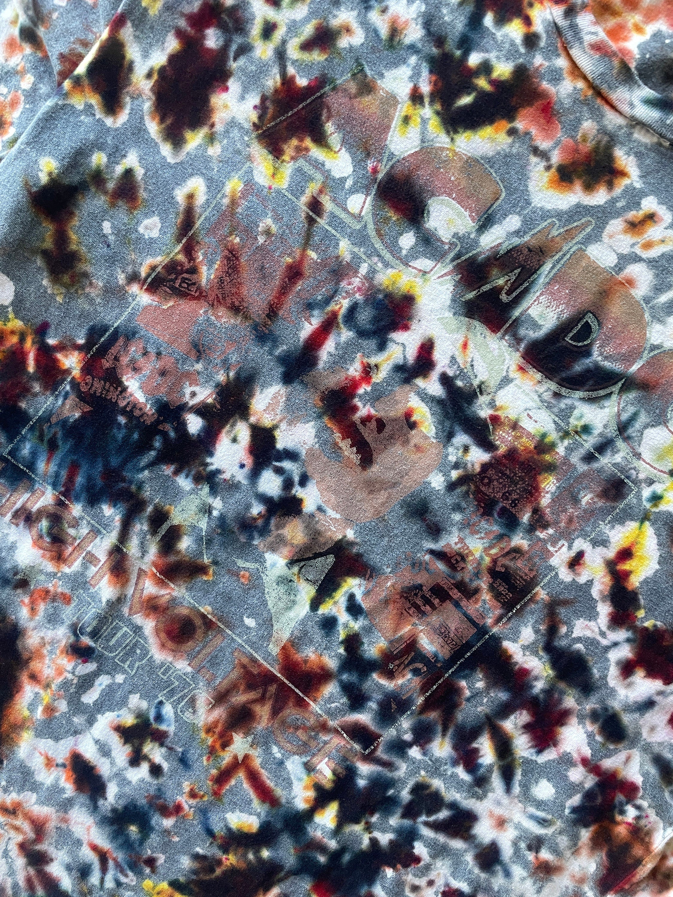 LARGE Men’s AC/DC Reverse Tie Dye Short Sleeve Double-sided Tour T-Shirt | One-Of-a-Kind Upcycled Gray and Brown Crumpled Top