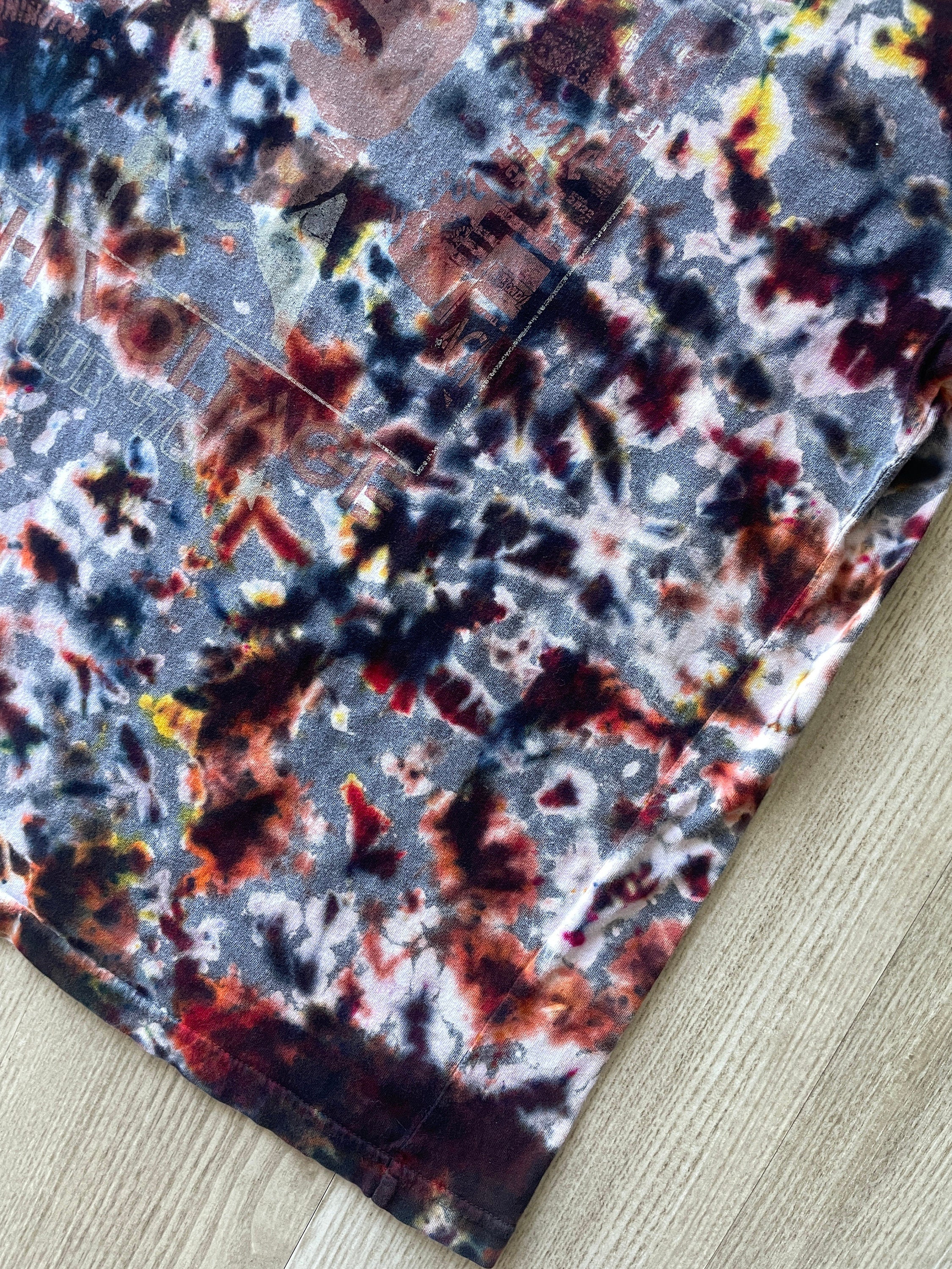 LARGE Men’s AC/DC Reverse Tie Dye Short Sleeve Double-sided Tour T-Shirt | One-Of-a-Kind Upcycled Gray and Brown Crumpled Top