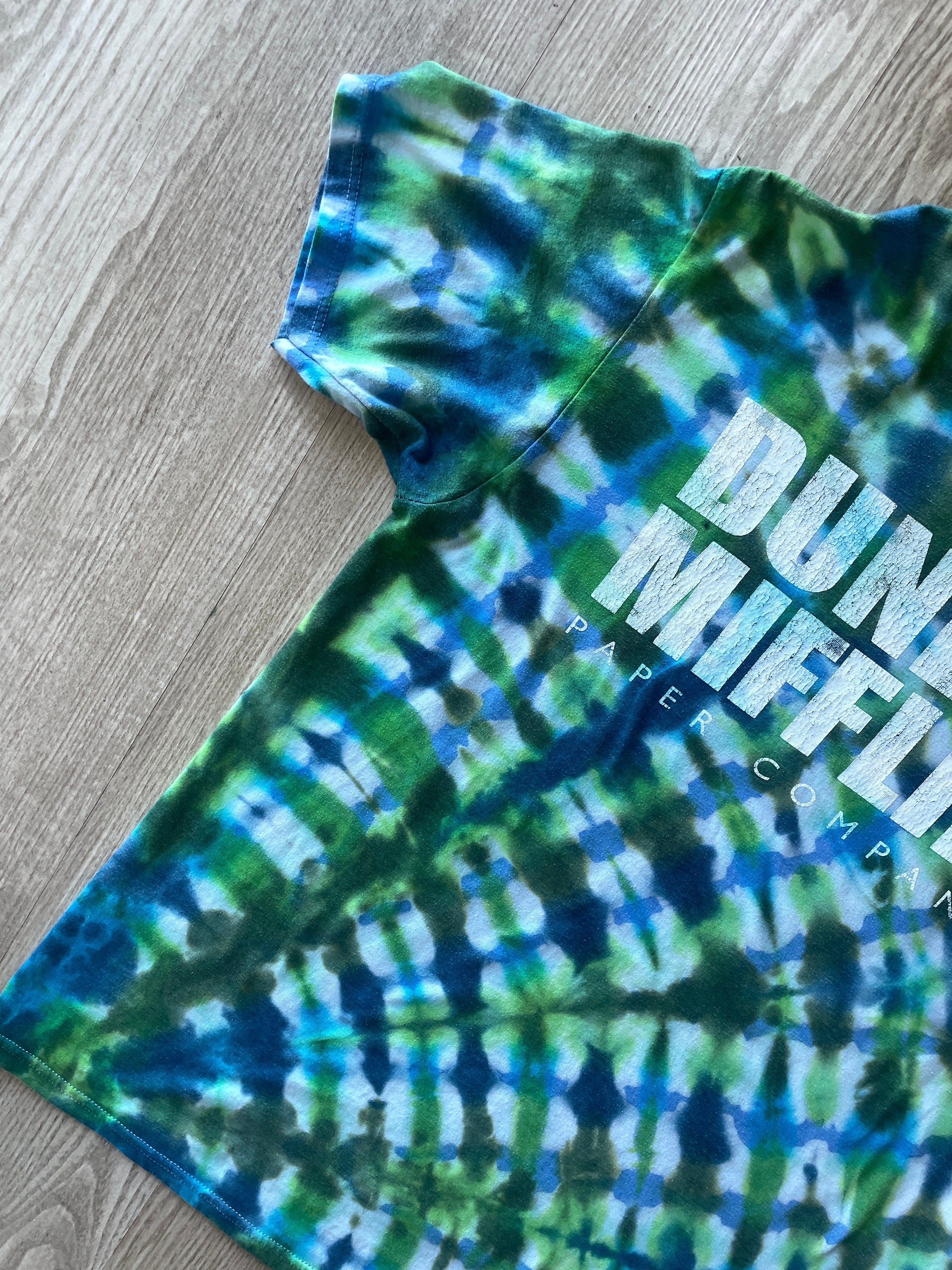 LARGE Men’s The Office Dunder Mifflin Reverse Tie Dye Short Sleeve T-Shirt | One-Of-a-Kind Upcycled Blue and Green Pleated Top