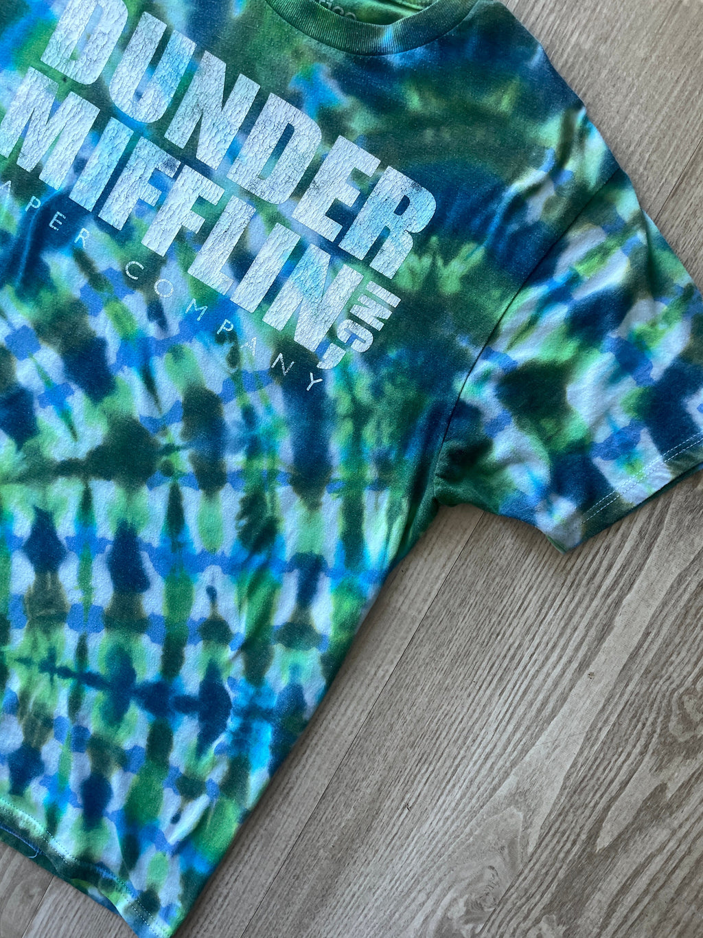 LARGE Men’s The Office Dunder Mifflin Reverse Tie Dye Short Sleeve T-Shirt | One-Of-a-Kind Upcycled Blue and Green Pleated Top