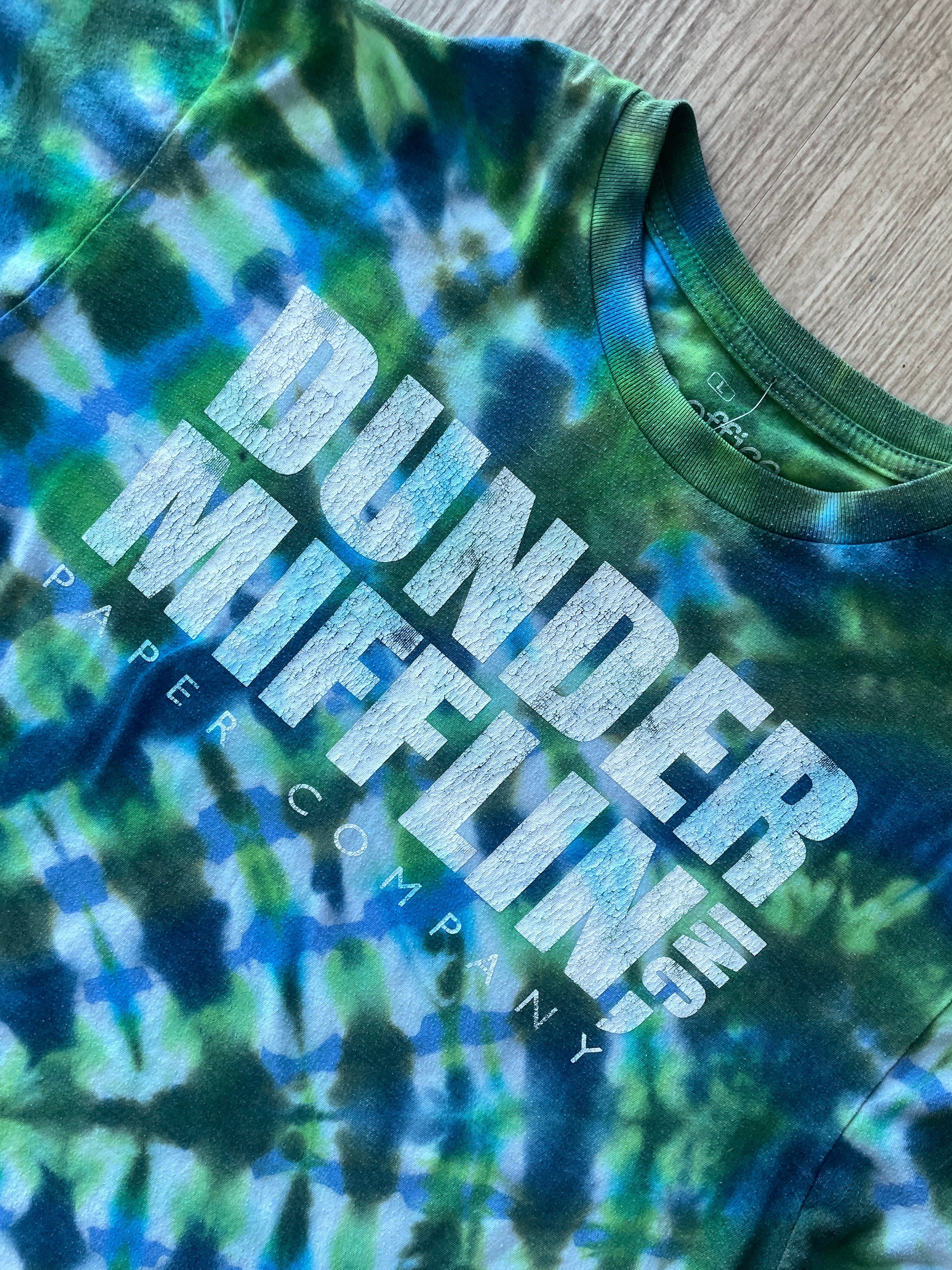 LARGE Men’s The Office Dunder Mifflin Reverse Tie Dye Short Sleeve T-Shirt | One-Of-a-Kind Upcycled Blue and Green Pleated Top