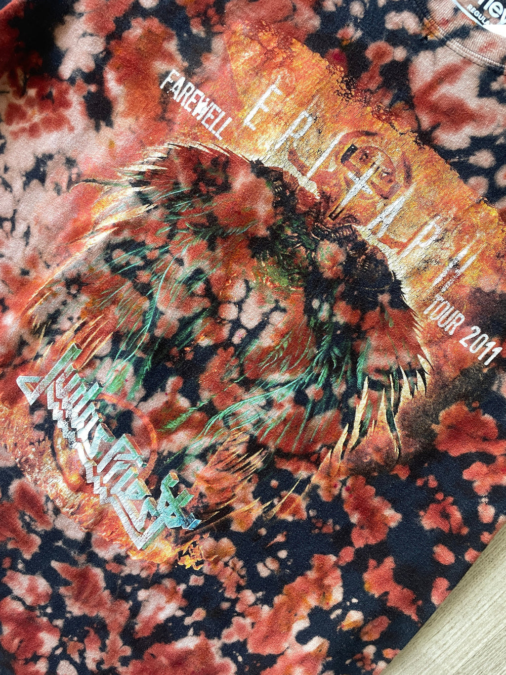 LARGE Men’s Judas Priest 2011 Farewell Tour Reverse Tie Dye Short Sleeve Double-sided T-Shirt | One-Of-a-Kind Upcycled Black and Orange Top