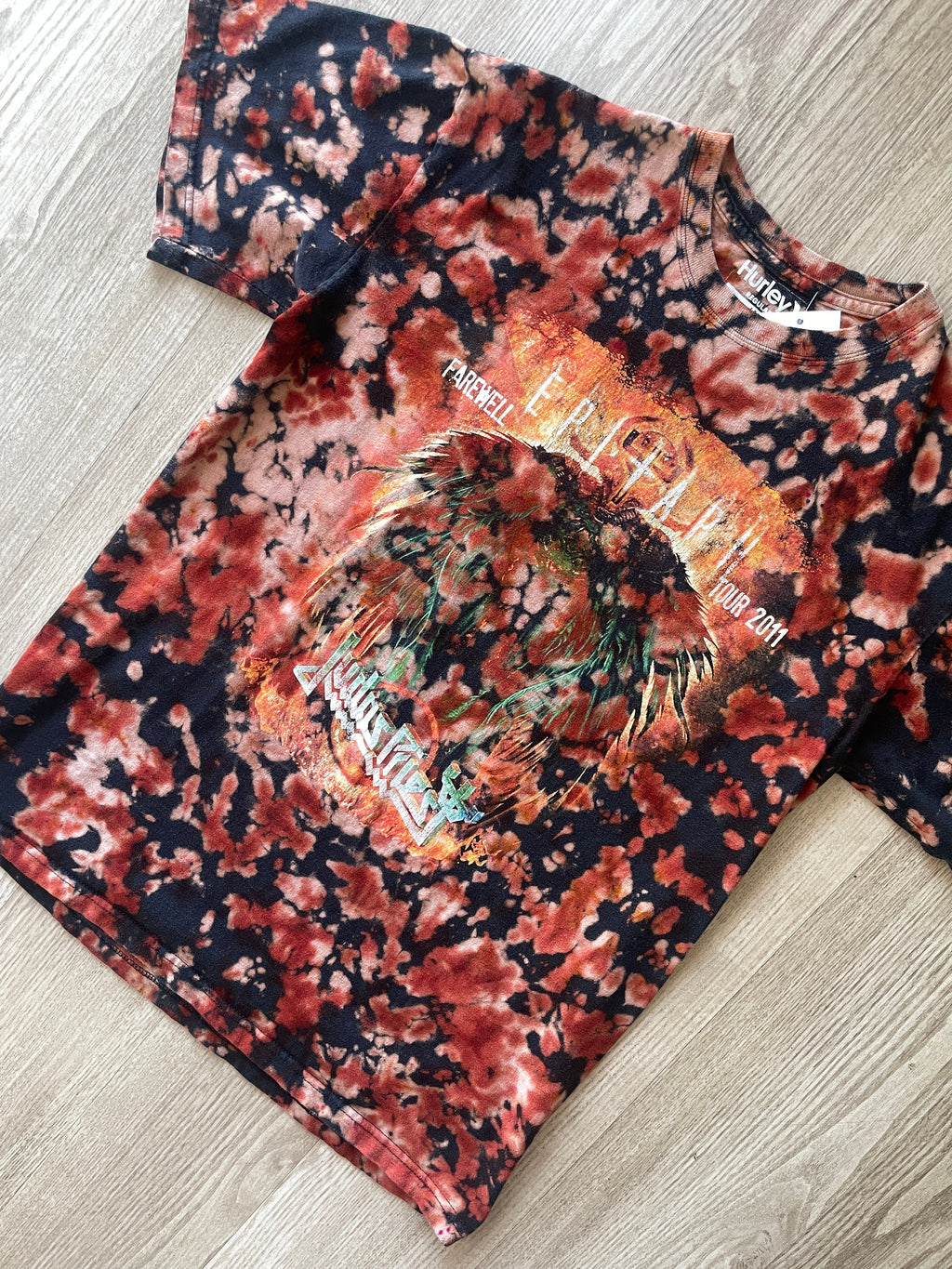 LARGE Men’s Judas Priest 2011 Farewell Tour Reverse Tie Dye Short Sleeve Double-sided T-Shirt | One-Of-a-Kind Upcycled Black and Orange Top