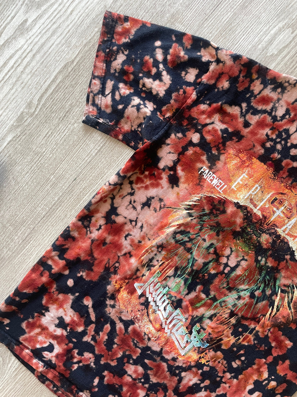 LARGE Men’s Judas Priest 2011 Farewell Tour Reverse Tie Dye Short Sleeve Double-sided T-Shirt | One-Of-a-Kind Upcycled Black and Orange Top