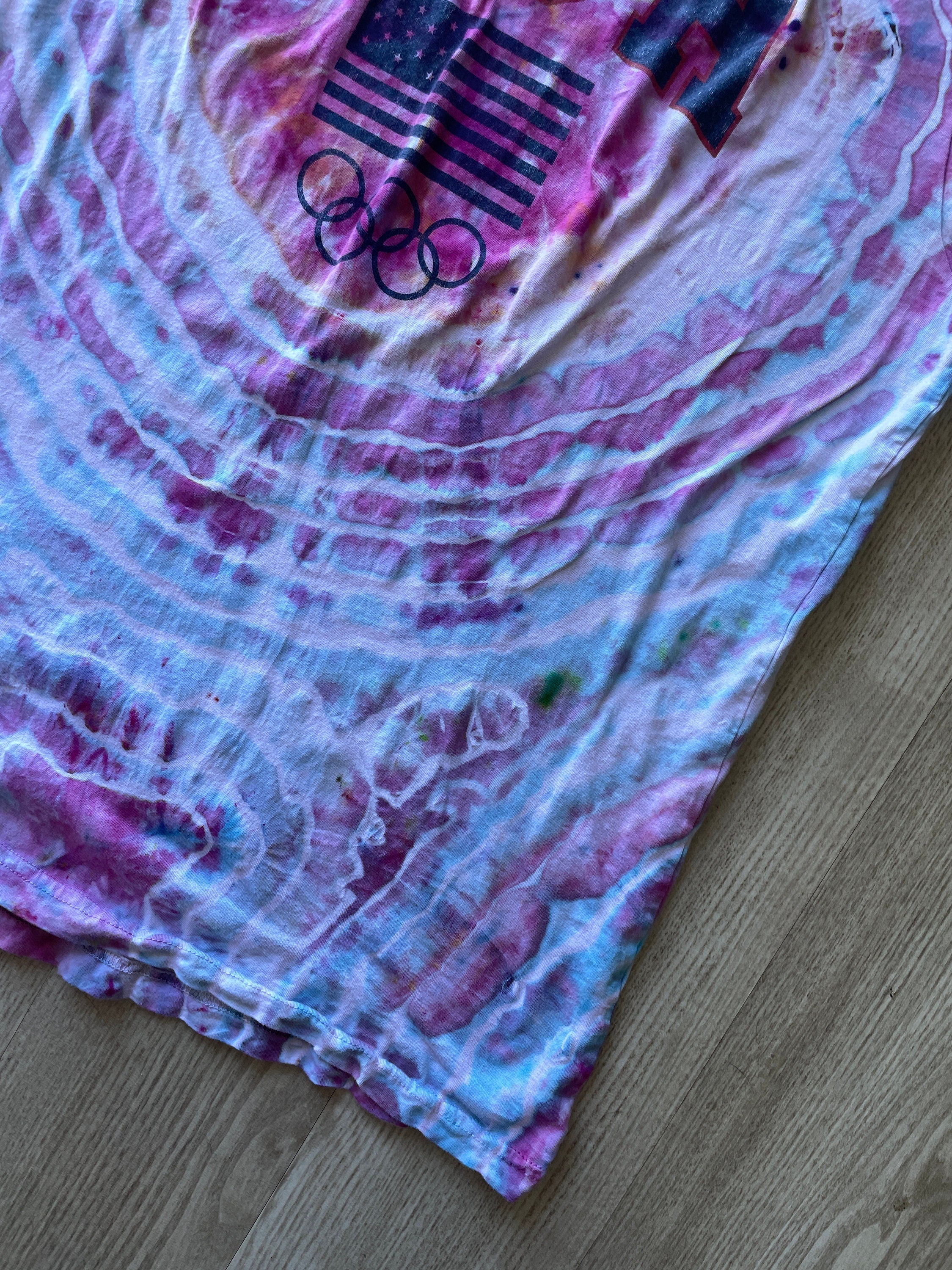 XL Men’s Team USA Handmade Tie Dye Short Sleeve T-Shirt | One-Of-a-Kind Upcycled Pink and Purple Galaxy Ice Dye Geode Top