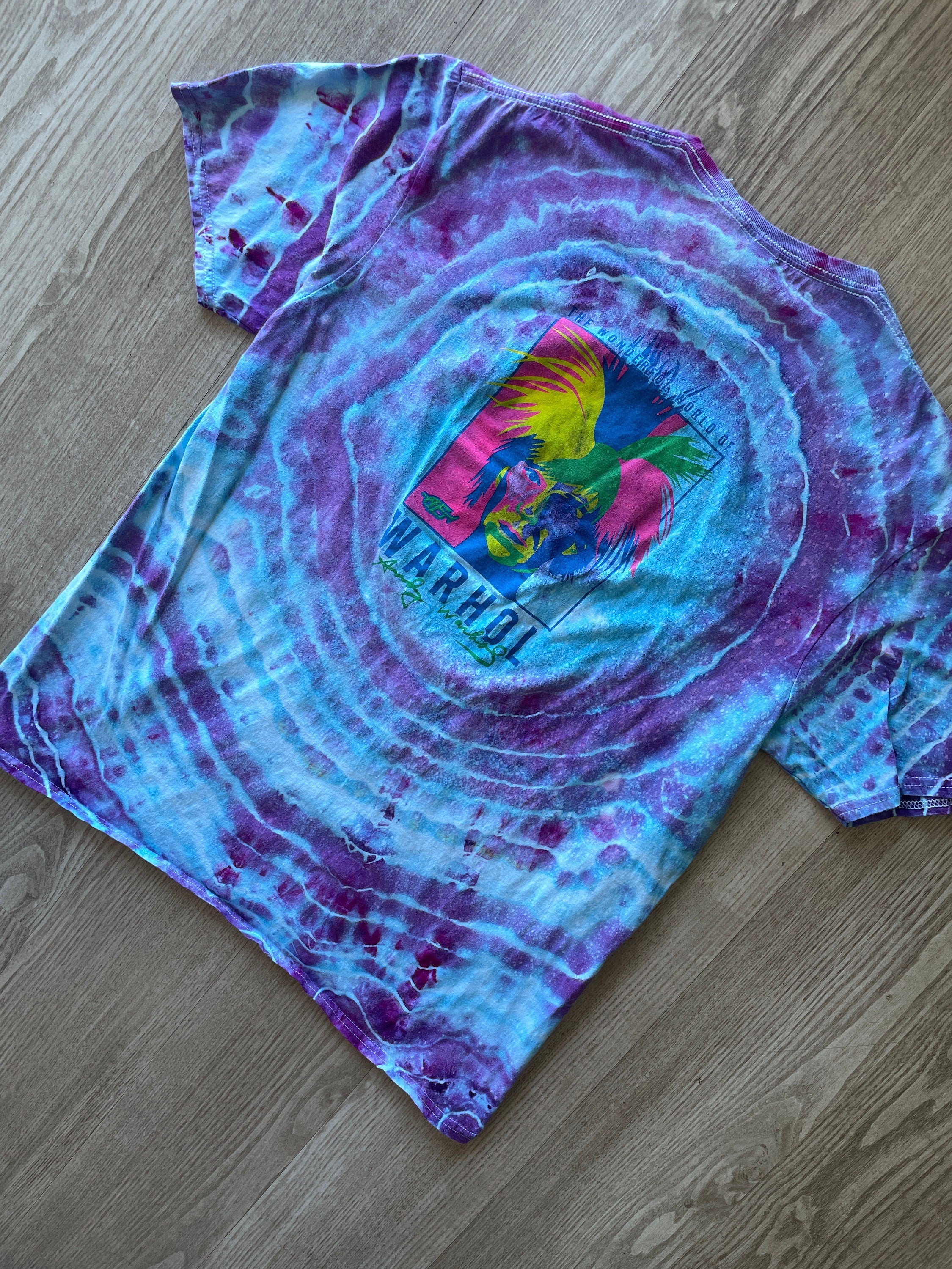 XL Men’s Wonderful World of Warhol Handmade Tie Dye Short Sleeve T-Shirt | One-Of-a-Kind Upcycled Pink and Purple Galaxy Ice Dye Geode Top