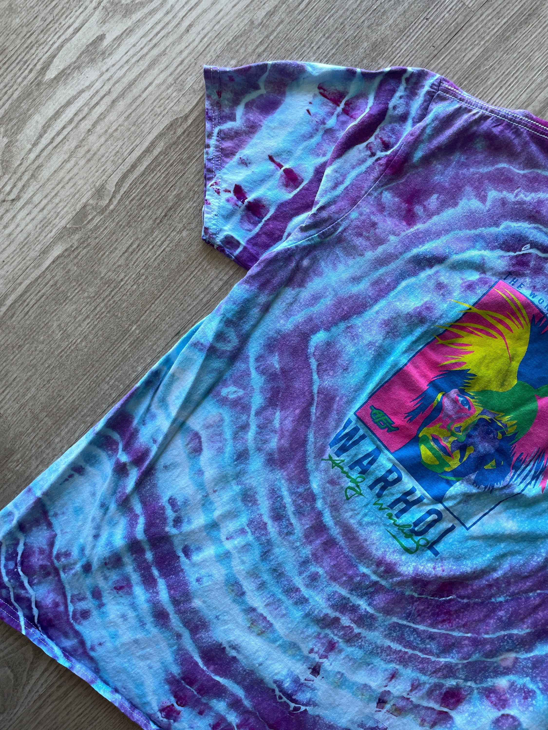 XL Men’s Wonderful World of Warhol Handmade Tie Dye Short Sleeve T-Shirt | One-Of-a-Kind Upcycled Pink and Purple Galaxy Ice Dye Geode Top