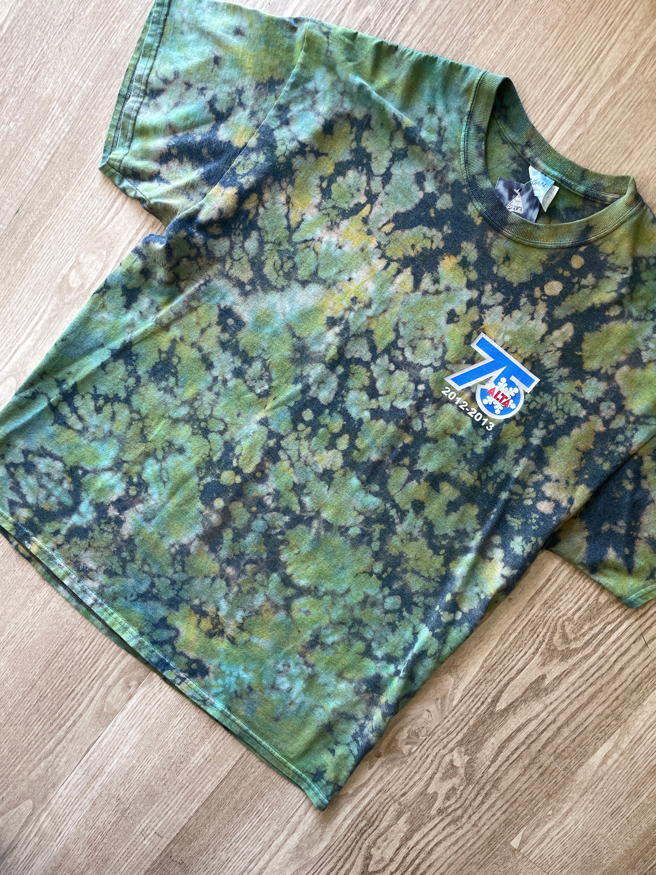 XL Men’s Alta Ski Area 75-Year Anniversary Handmade Reverse Tie Dye Short Sleeve T-Shirt | One-Of-a-Kind Upcycled Gray and Green Top