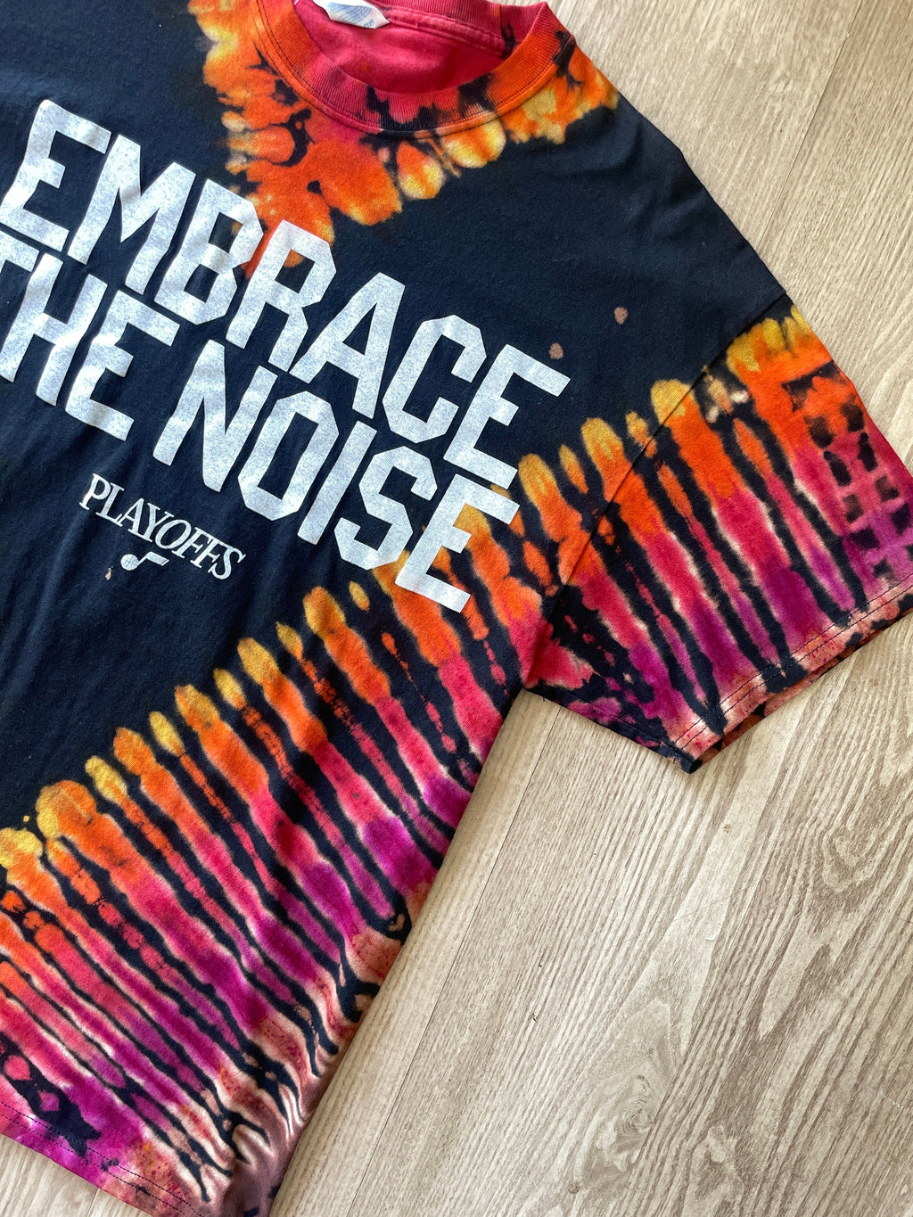 XL Men's Embrace the Noise Utah Jazz Playoffs Handmade Reverse Tie Dye Short Sleeve T-Shirt | One-Of-a-Kind Upcycled Black and Orange Top