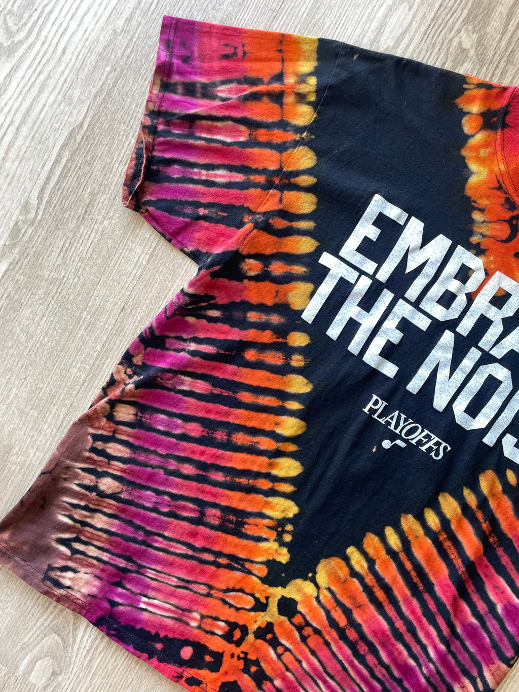 XL Men's Embrace the Noise Utah Jazz Playoffs Handmade Reverse Tie Dye Short Sleeve T-Shirt | One-Of-a-Kind Upcycled Black and Orange Top