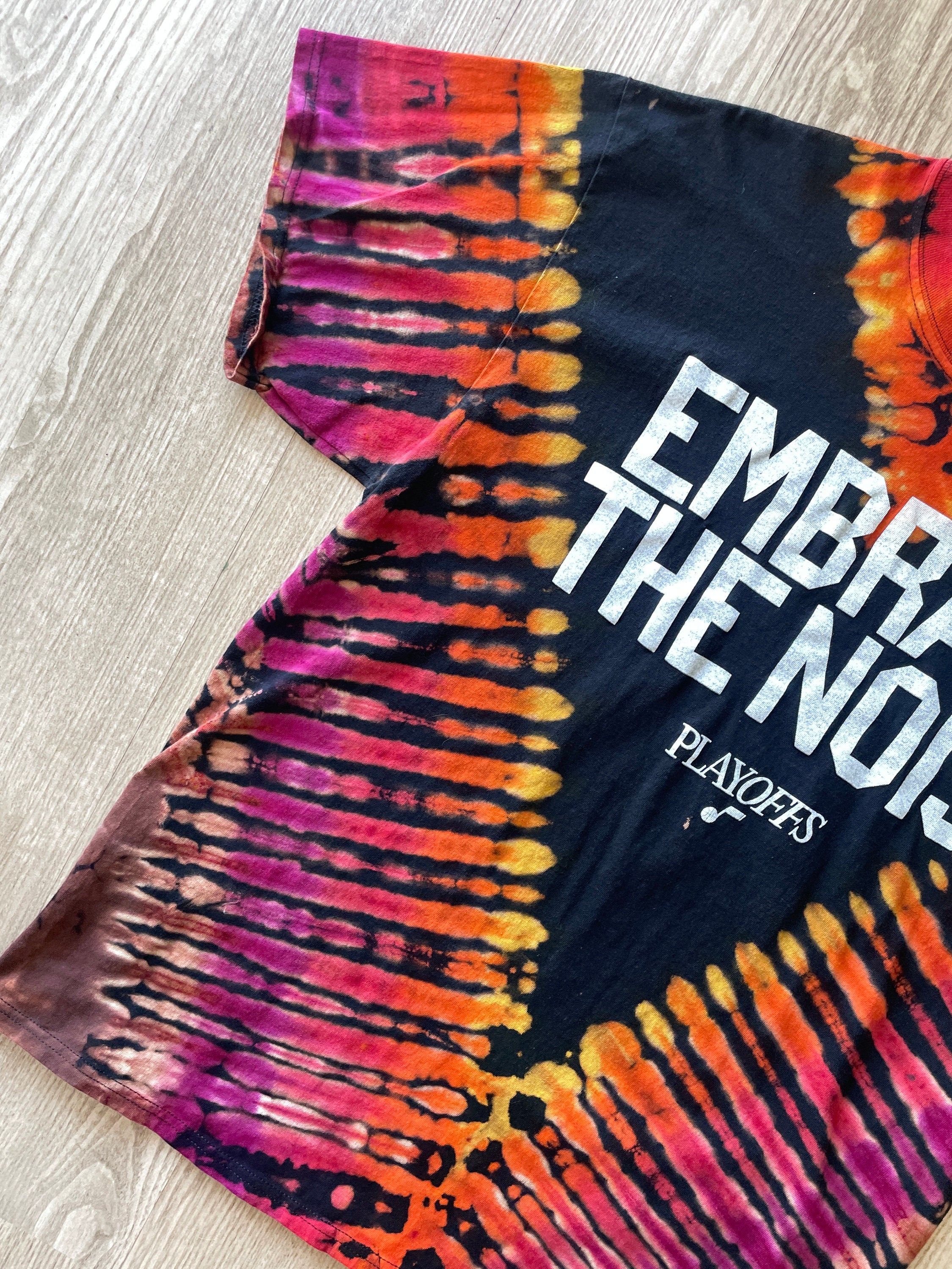 XL Men's Embrace the Noise Utah Jazz Playoffs Handmade Reverse Tie Dye Short Sleeve T-Shirt | One-Of-a-Kind Upcycled Black and Orange Top