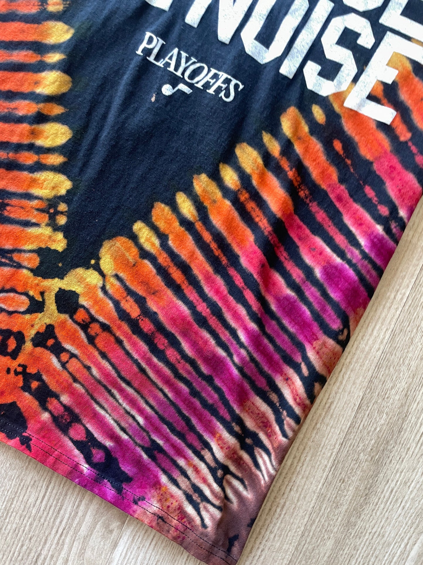 XL Men's Embrace the Noise Utah Jazz Playoffs Handmade Reverse Tie Dye Short Sleeve T-Shirt | One-Of-a-Kind Upcycled Black and Orange Top