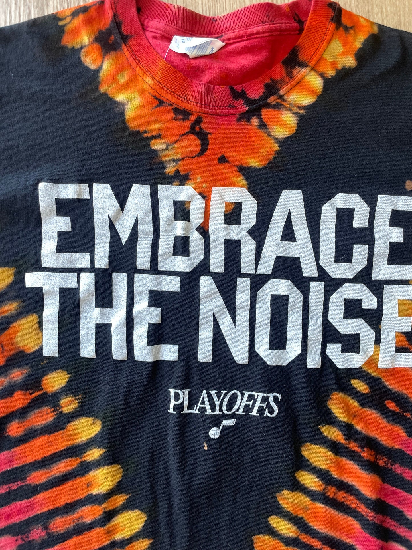 XL Men's Embrace the Noise Utah Jazz Playoffs Handmade Reverse Tie Dye Short Sleeve T-Shirt | One-Of-a-Kind Upcycled Black and Orange Top