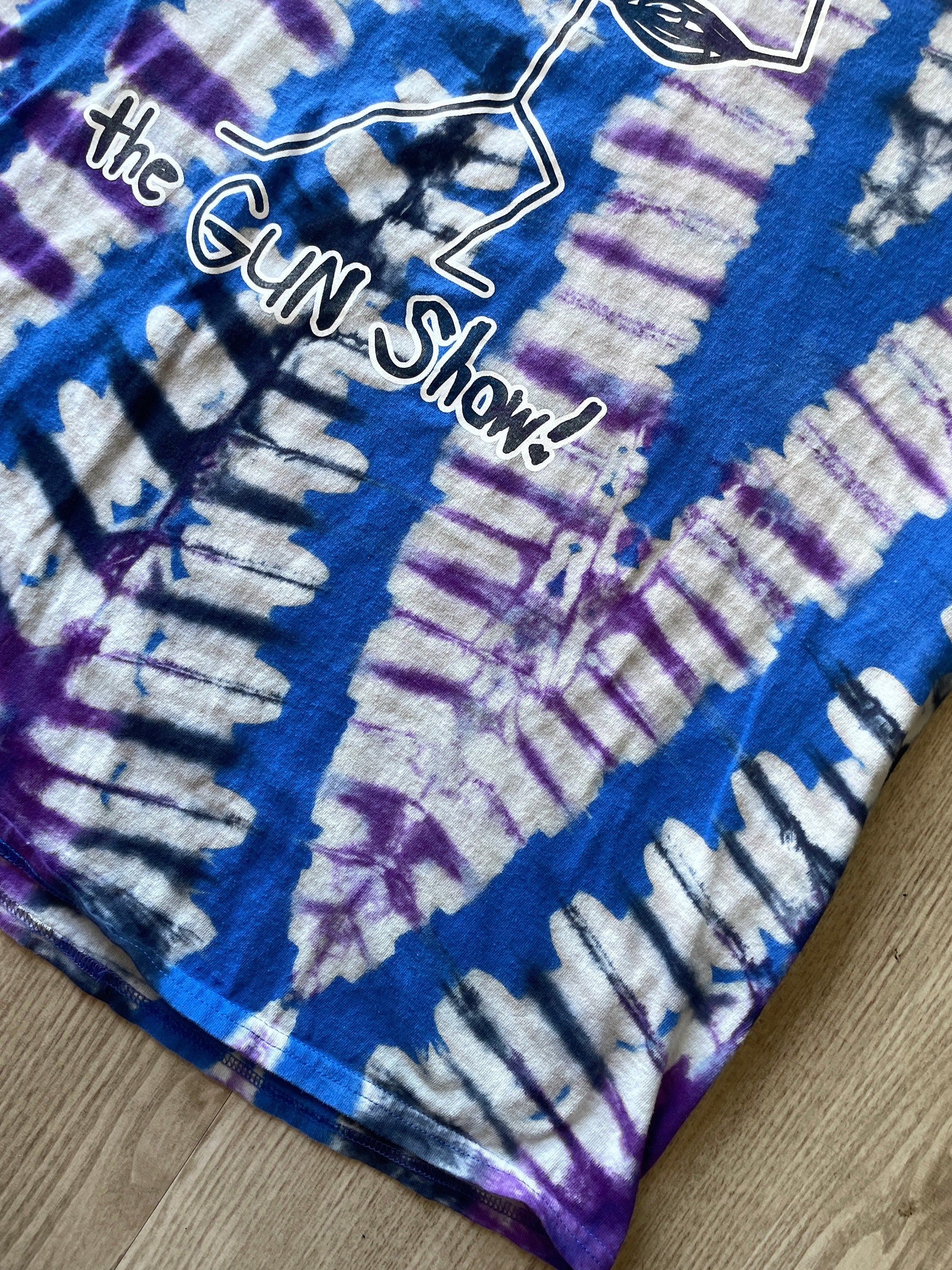 3XL Men's Welcome to the Gun Show Stick Figure Handmade Reverse Tie Dye Short Sleeve T-Shirt | One-Of-a-Kind Upcycled Blue and White  Top