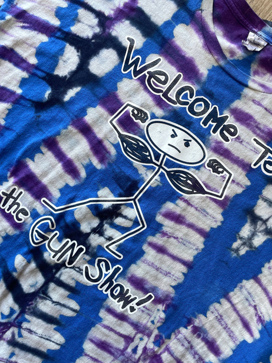 3XL Men's Welcome to the Gun Show Stick Figure Handmade Reverse Tie Dye Short Sleeve T-Shirt | One-Of-a-Kind Upcycled Blue and White  Top