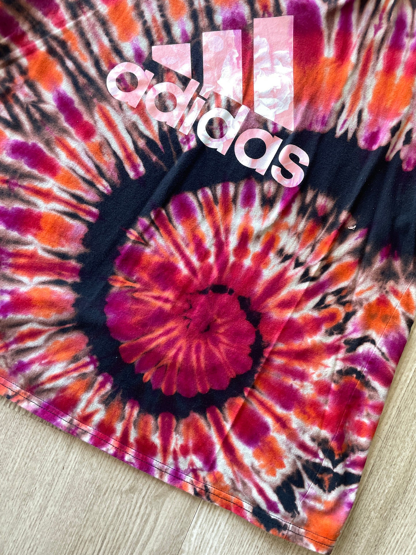 2XL Women's adidas Roses Handmade Reverse Tie Dye Short Sleeve T-Shirt | One-Of-a-Kind Upcycled Black and Pink Spiral Top