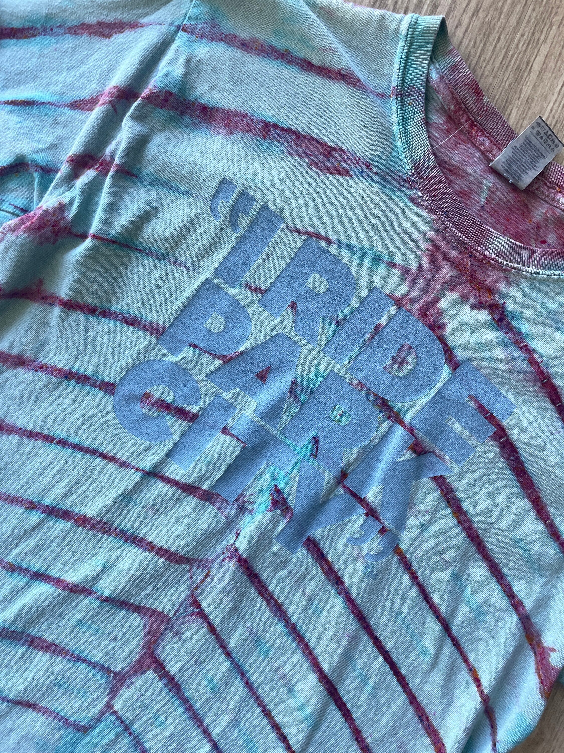 MEDIUM Men's "I Ride Park City" Handmade Tie Dye Long Sleeve Sleeve T-Shirt | One-Of-a-Kind Upcycled Pastel Pink and Blue Pleated Ski Top