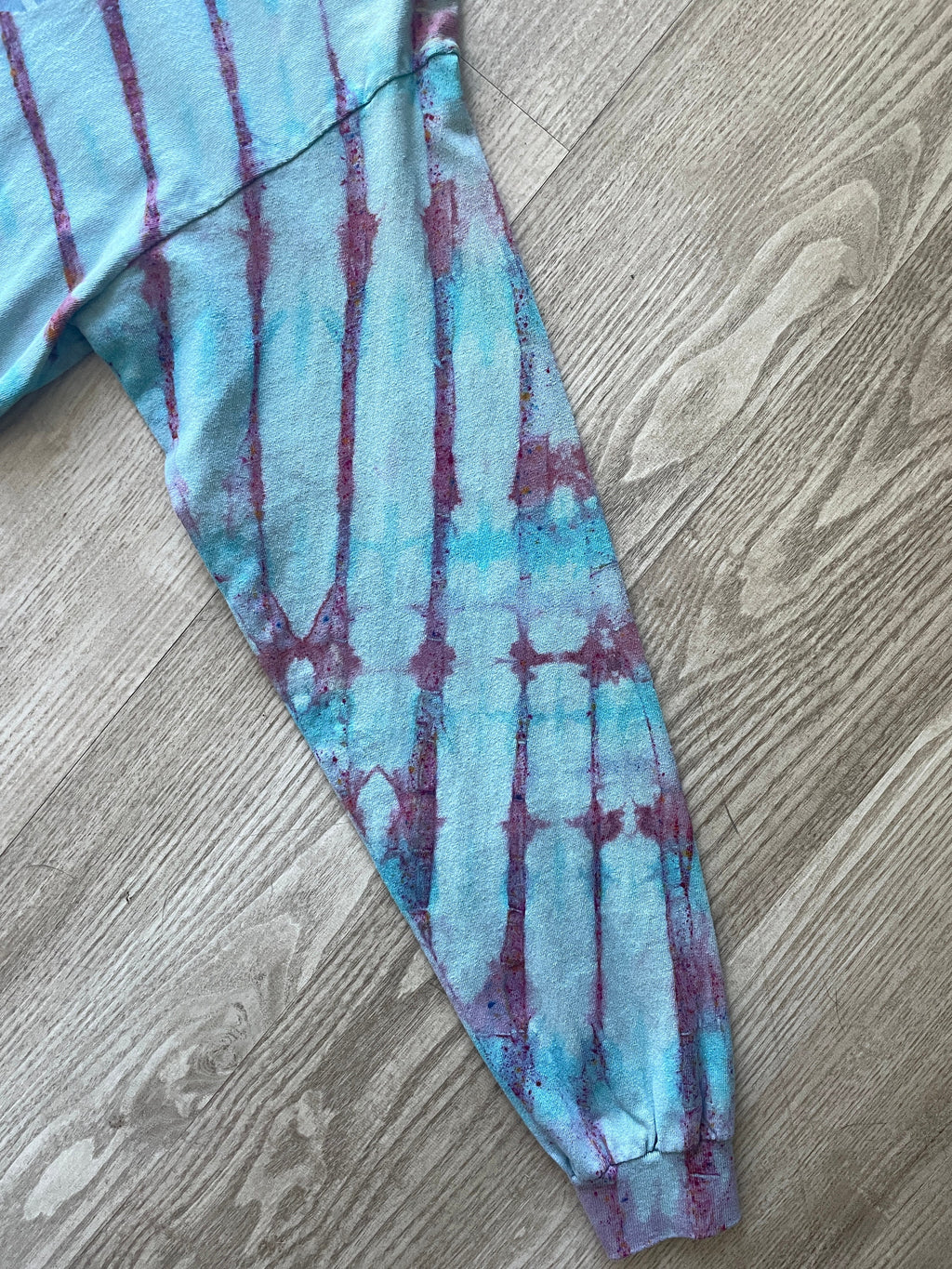 MEDIUM Men's "I Ride Park City" Handmade Tie Dye Long Sleeve Sleeve T-Shirt | One-Of-a-Kind Upcycled Pastel Pink and Blue Pleated Ski Top