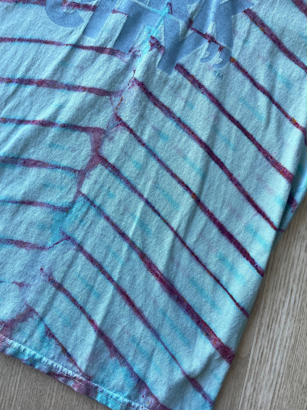 MEDIUM Men's "I Ride Park City" Handmade Tie Dye Long Sleeve Sleeve T-Shirt | One-Of-a-Kind Upcycled Pastel Pink and Blue Pleated Ski Top