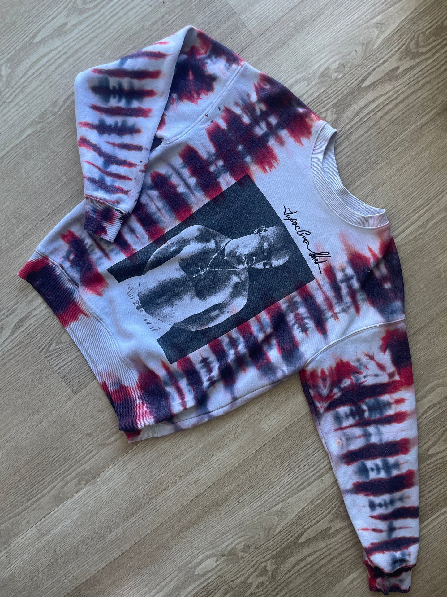 SMALL Women's 2Pac Tupac Shakur Handmade Tie Dye Long Sleeve Sweatshirt | One-Of-a-Kind Upcycled White, Black, and Red Crewneck