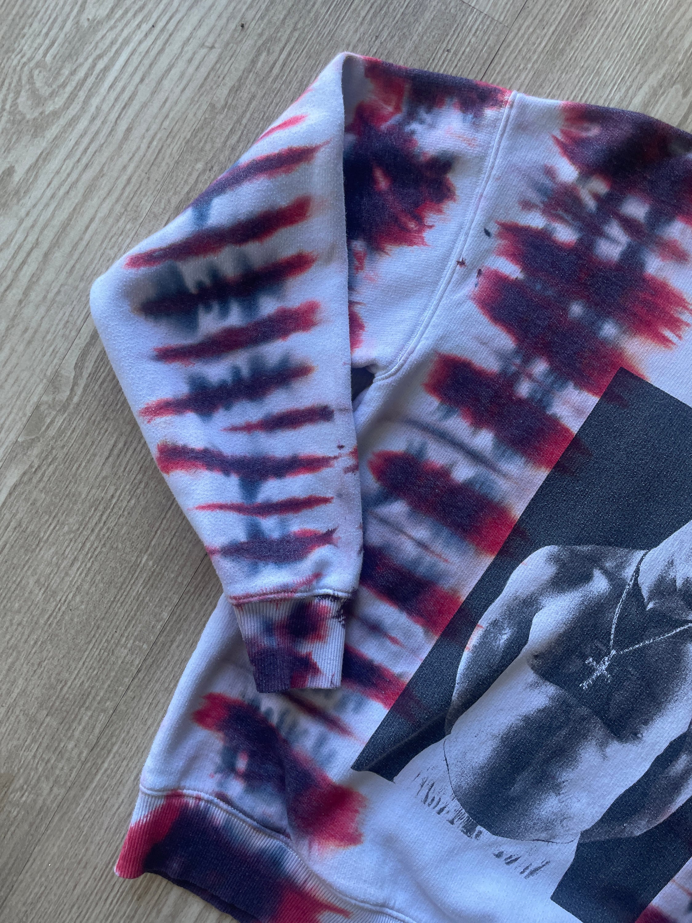 SMALL Women's 2Pac Tupac Shakur Handmade Tie Dye Long Sleeve Sweatshirt | One-Of-a-Kind Upcycled White, Black, and Red Crewneck