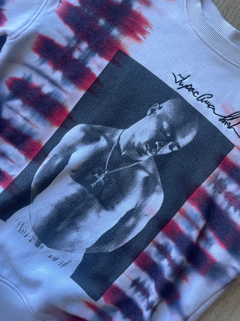 SMALL Women's 2Pac Tupac Shakur Handmade Tie Dye Long Sleeve Sweatshirt | One-Of-a-Kind Upcycled White, Black, and Red Crewneck