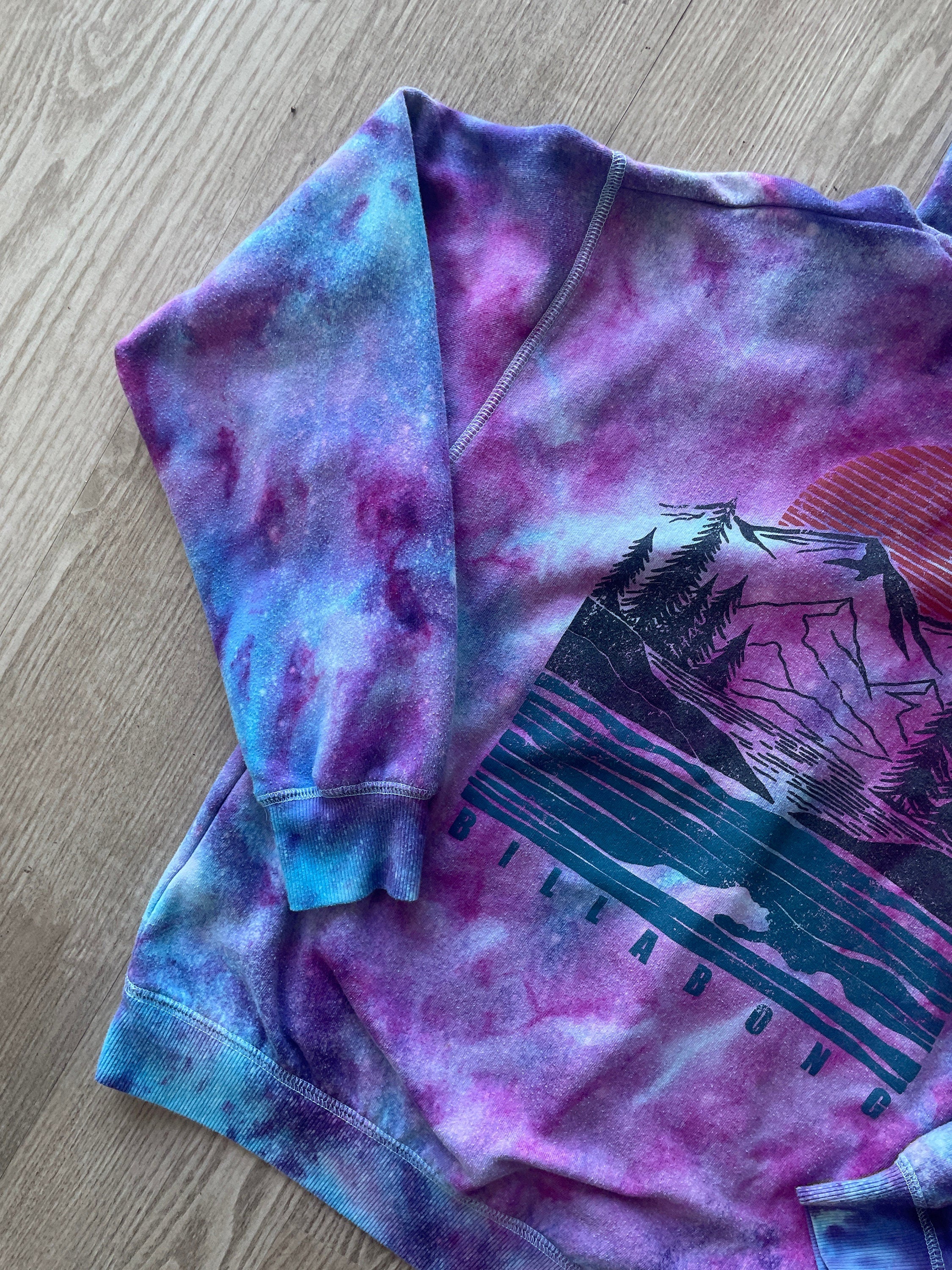 SMALL Men's Billabong Mountainscape Handmade Galaxy Ice Dye Tie Dye Long Sleeve Hoodie | One-Of-a-Kind Upcycled Blue and Purple Sweatshirt