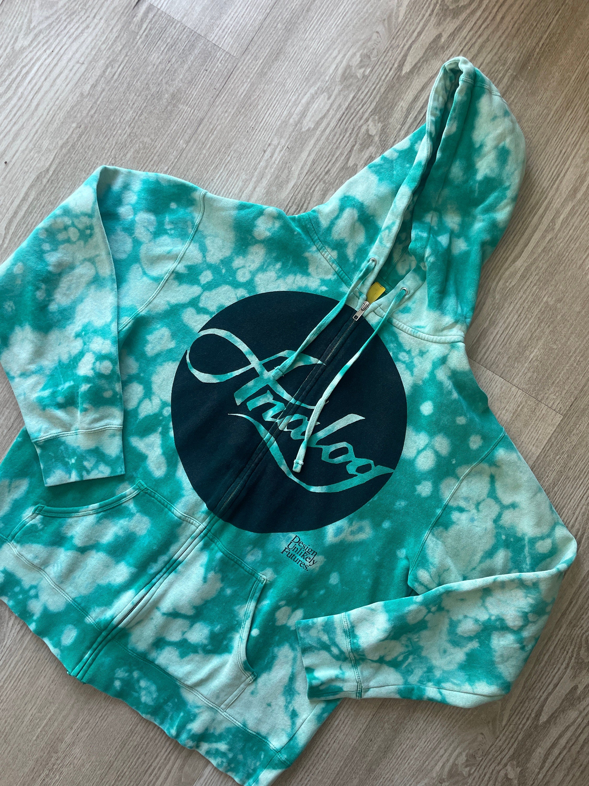 MEDIUM Men's Burton Analog Design Unlikely Futures Handmade Reverse Tie Dye Full-Zip Hoodie | One-Of-a-Kind Upcycled Green Sweatshirt