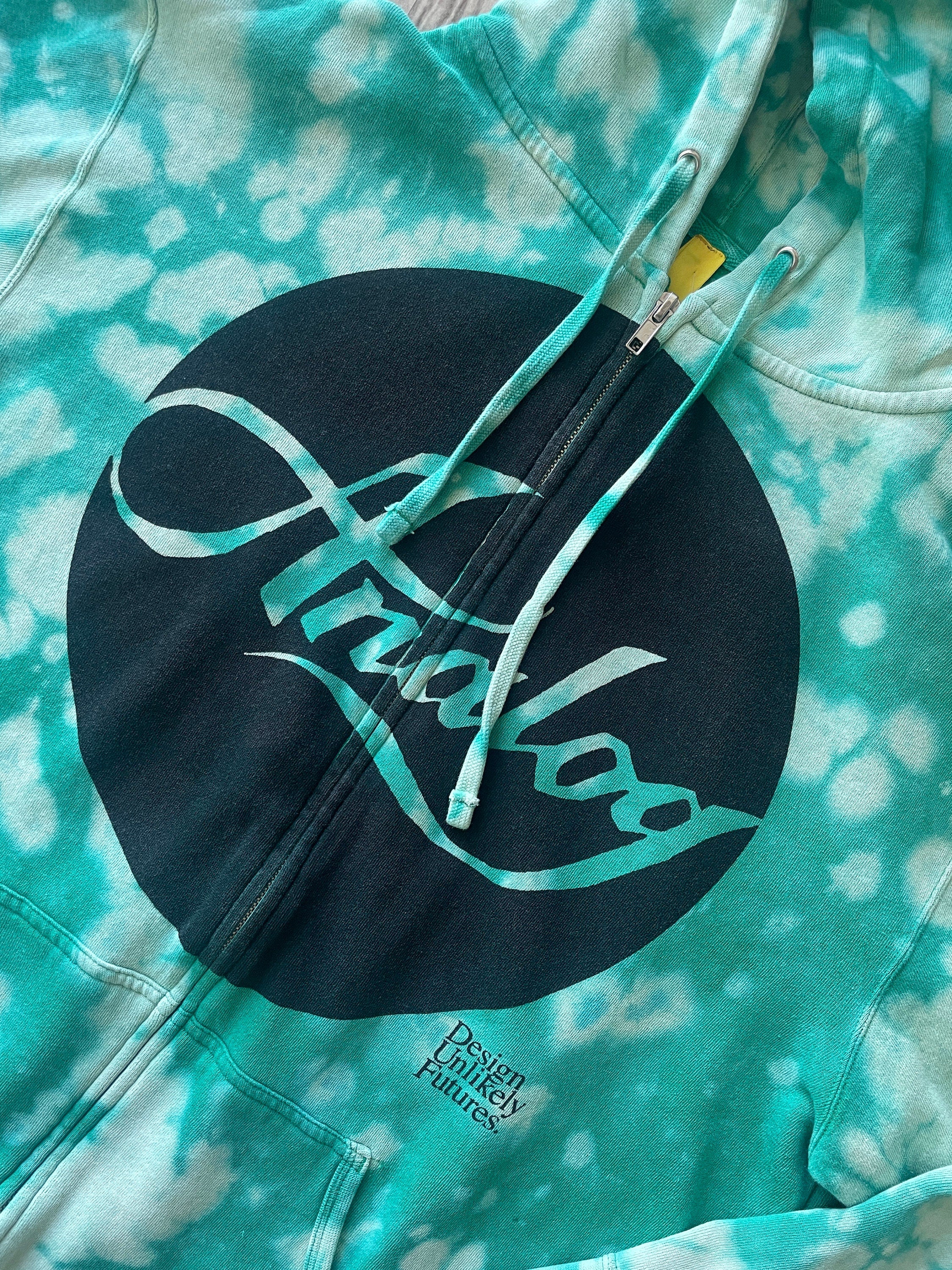 MEDIUM Men's Burton Analog Design Unlikely Futures Handmade Reverse Tie Dye Full-Zip Hoodie | One-Of-a-Kind Upcycled Green Sweatshirt