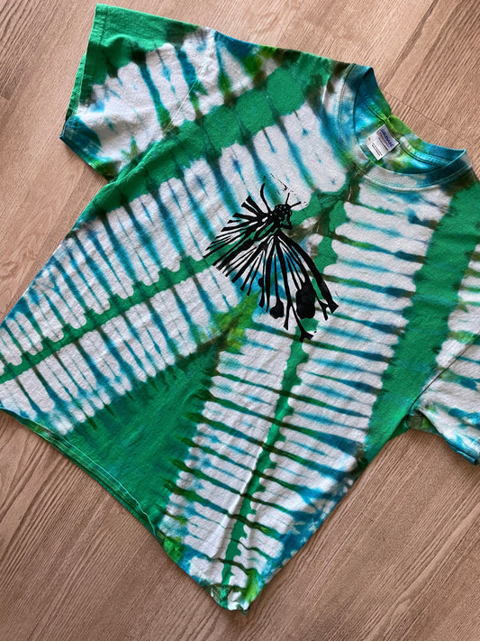 XL Men's Hand-Printed Butterfly Reverse Tie Dye Short Sleeve T-Shirt | Handmade One-Of-a-Kind Upcycled Green, Blue, and White Pleated Top