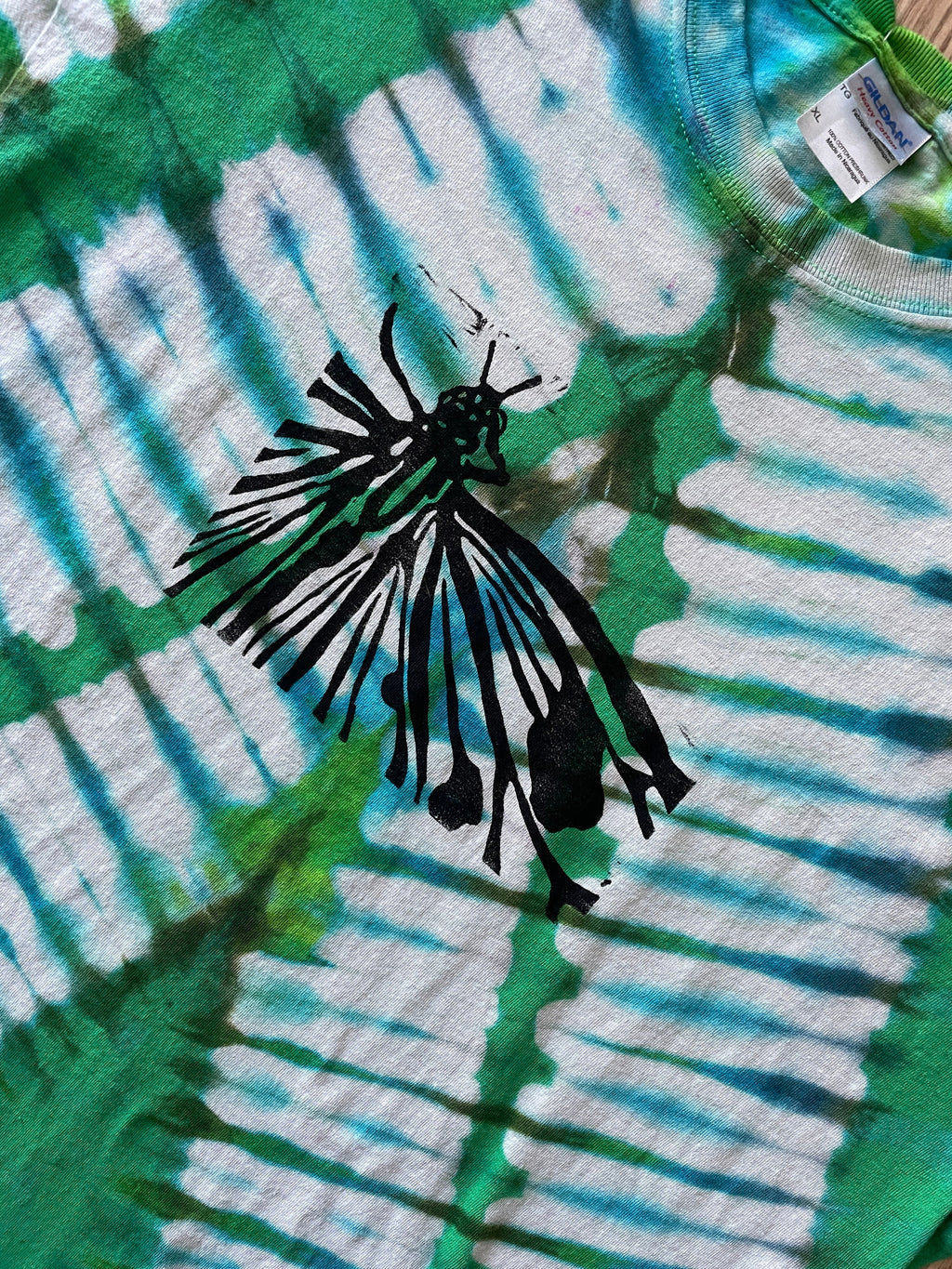 XL Men's Hand-Printed Butterfly Reverse Tie Dye Short Sleeve T-Shirt | Handmade One-Of-a-Kind Upcycled Green, Blue, and White Pleated Top