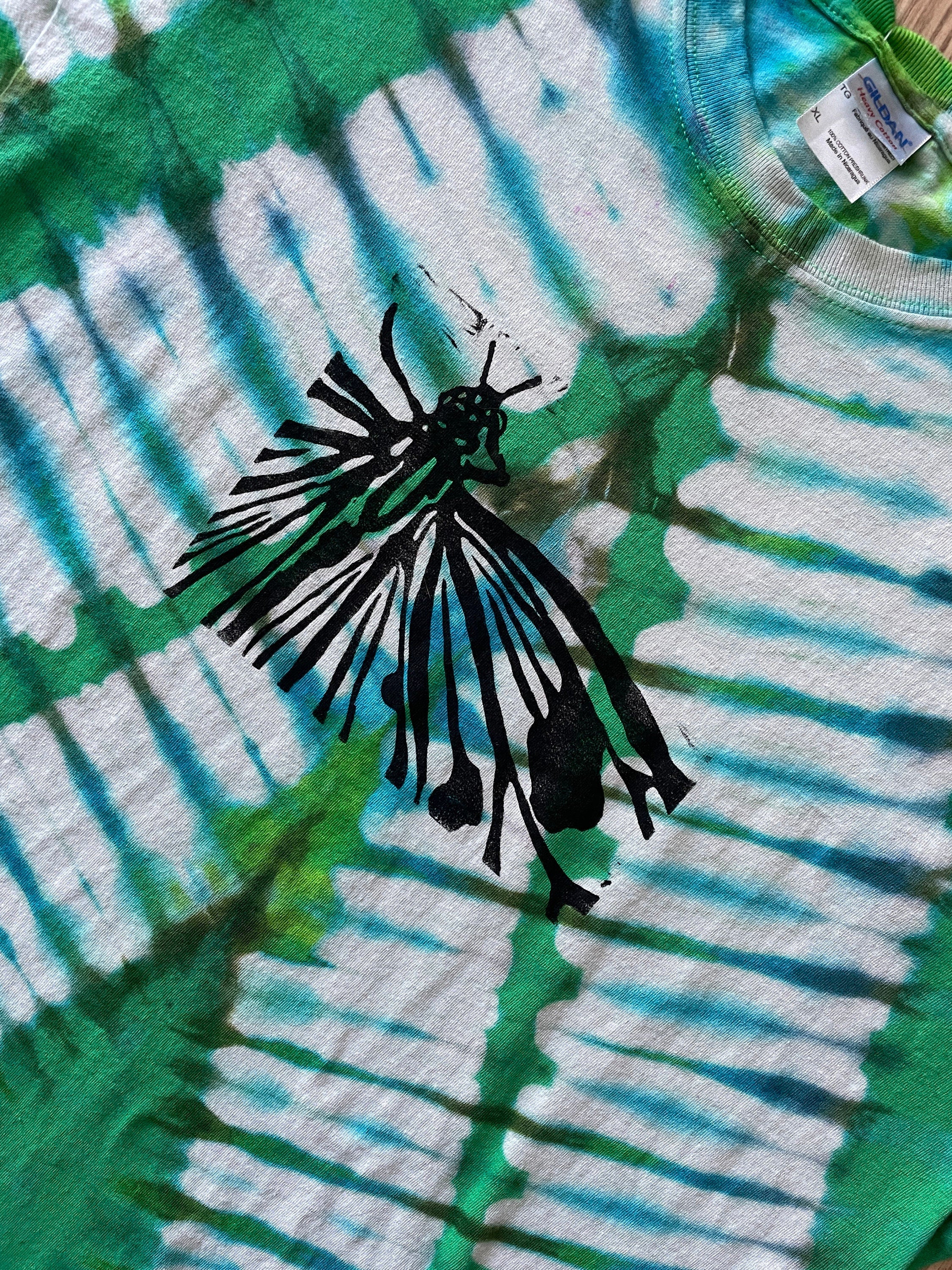 XL Men's Hand-Printed Butterfly Reverse Tie Dye Short Sleeve T-Shirt | Handmade One-Of-a-Kind Upcycled Green, Blue, and White Pleated Top