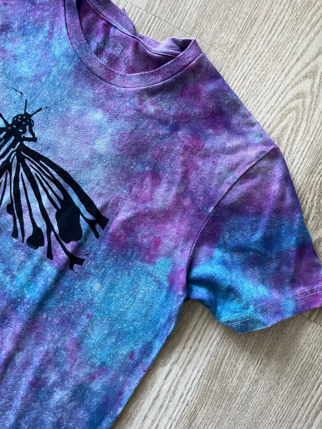 Medium Men's Hand-Printed Butterfly Galaxy Tie Dye Short Sleeve T-Shirt | Handmade One-Of-a-Kind Upcycled Blue, Purple, and Pink Ice Dye