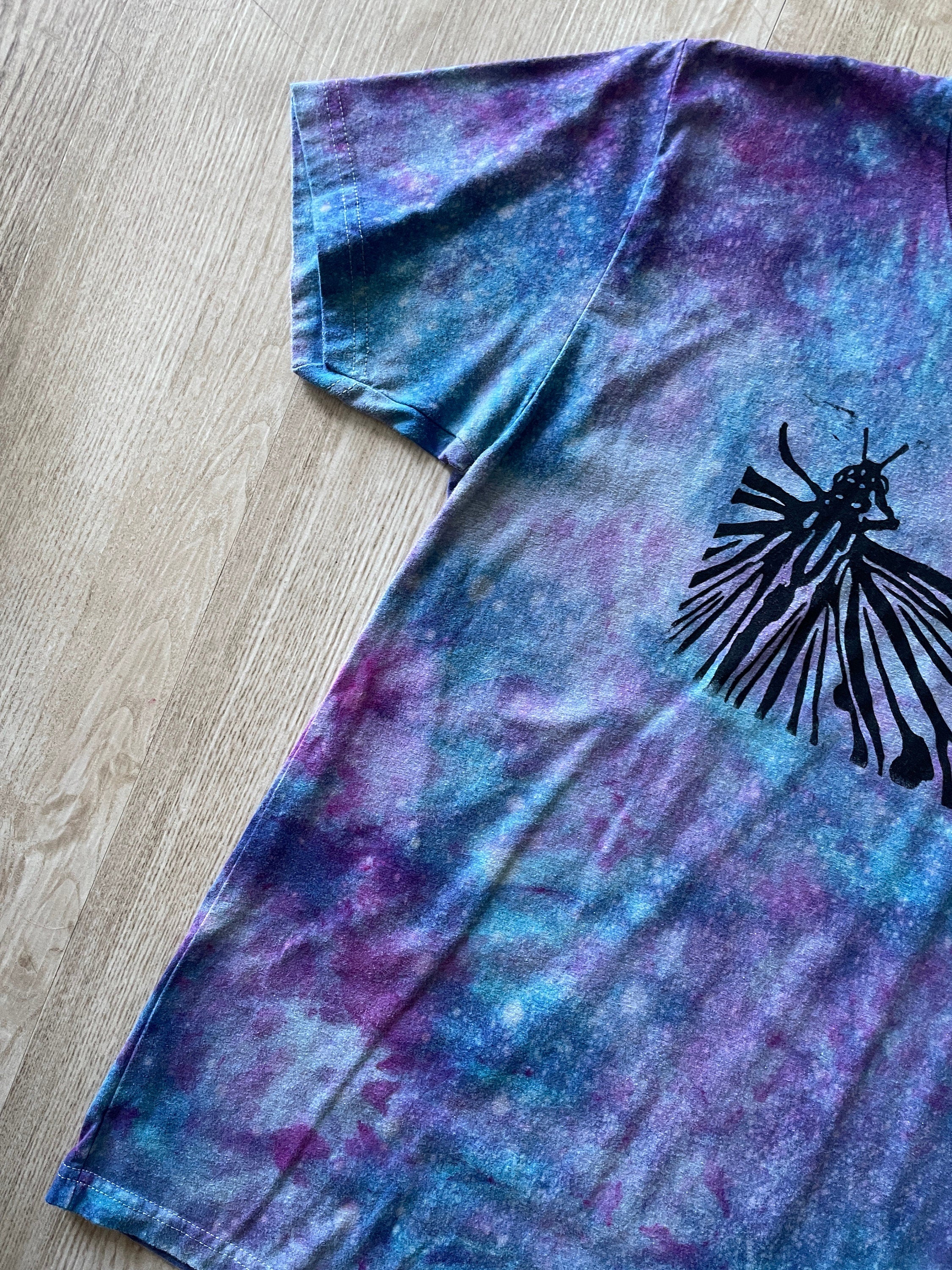 Medium Men's Hand-Printed Butterfly Galaxy Tie Dye Short Sleeve T-Shirt | Handmade One-Of-a-Kind Upcycled Blue, Purple, and Pink Ice Dye